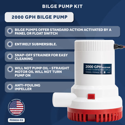 2000 GPH / 7571 LPH Automatic Bilge Pump Kit 12V, 1-1/8" (29mm) Inside Diameter Hose, with Heavy-Duty Float Switch - FO3616-C2 - Five Oceans