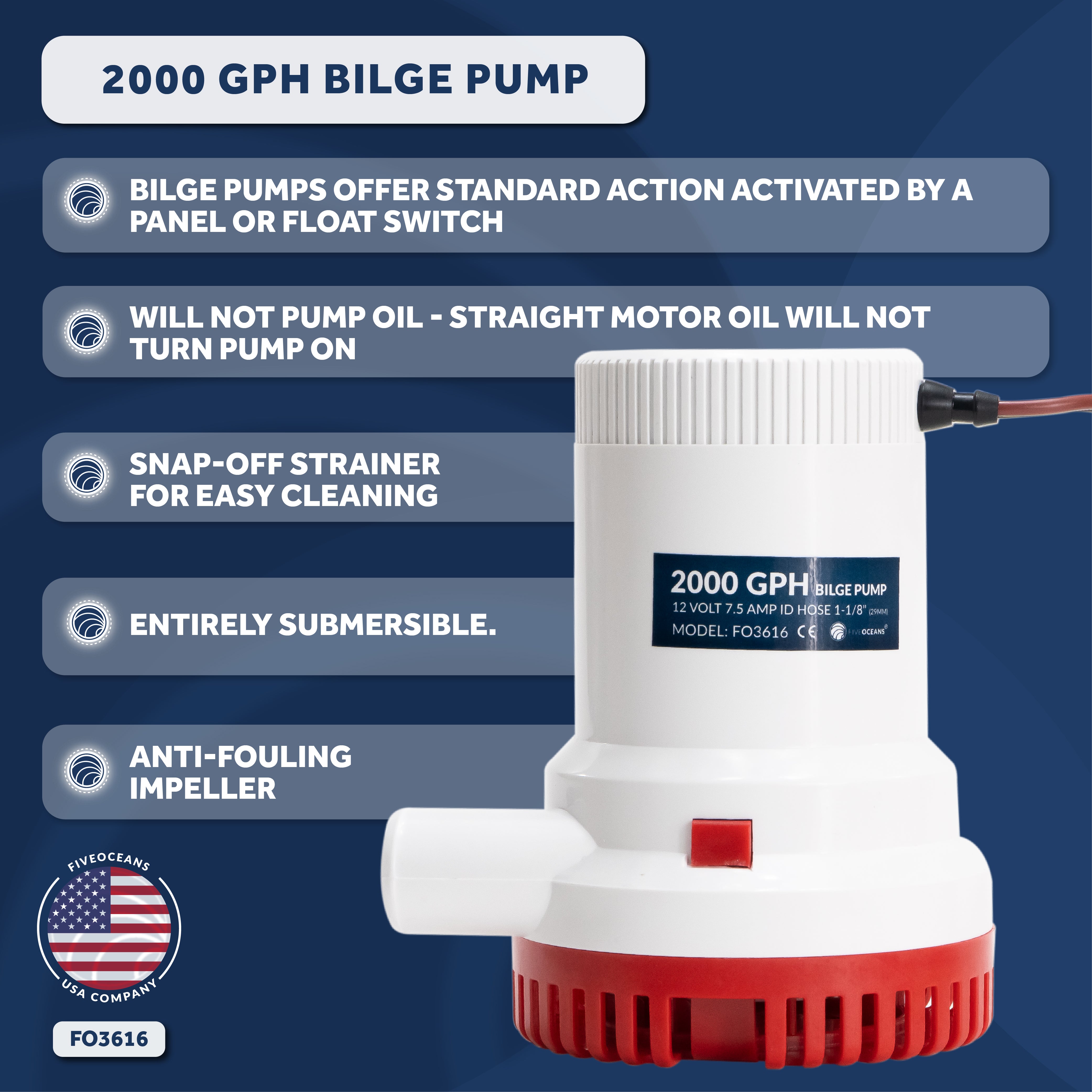 2000 GPH / 7571 LPH Bilge Pump 12V, 1-1/8" (29mm) Interior Diameter Hose, 41" 14-Gauge Wire - FO3616 - Five Oceans