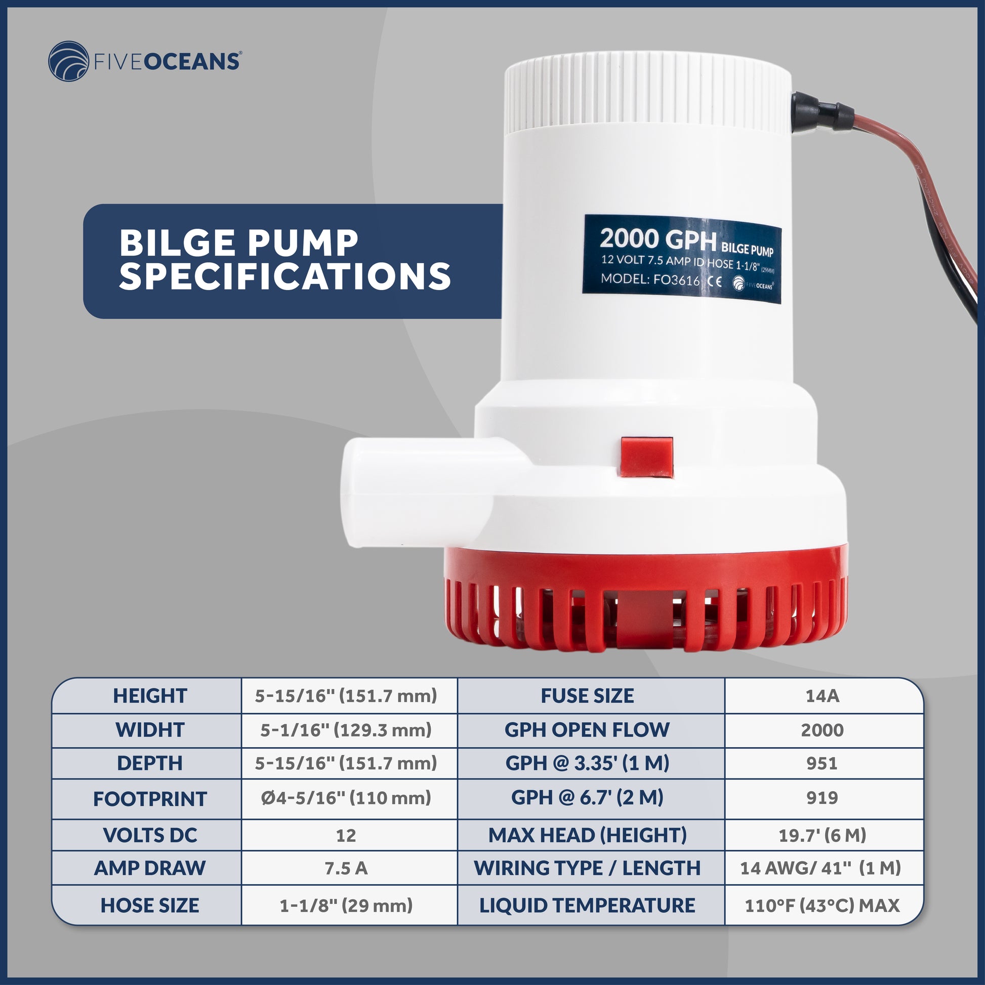 2000 GPH / 7571 LPH Bilge Pump 12V, 1-1/8" (29mm) Interior Diameter Hose, 41" 14-Gauge Wire - FO3616 - Five Oceans