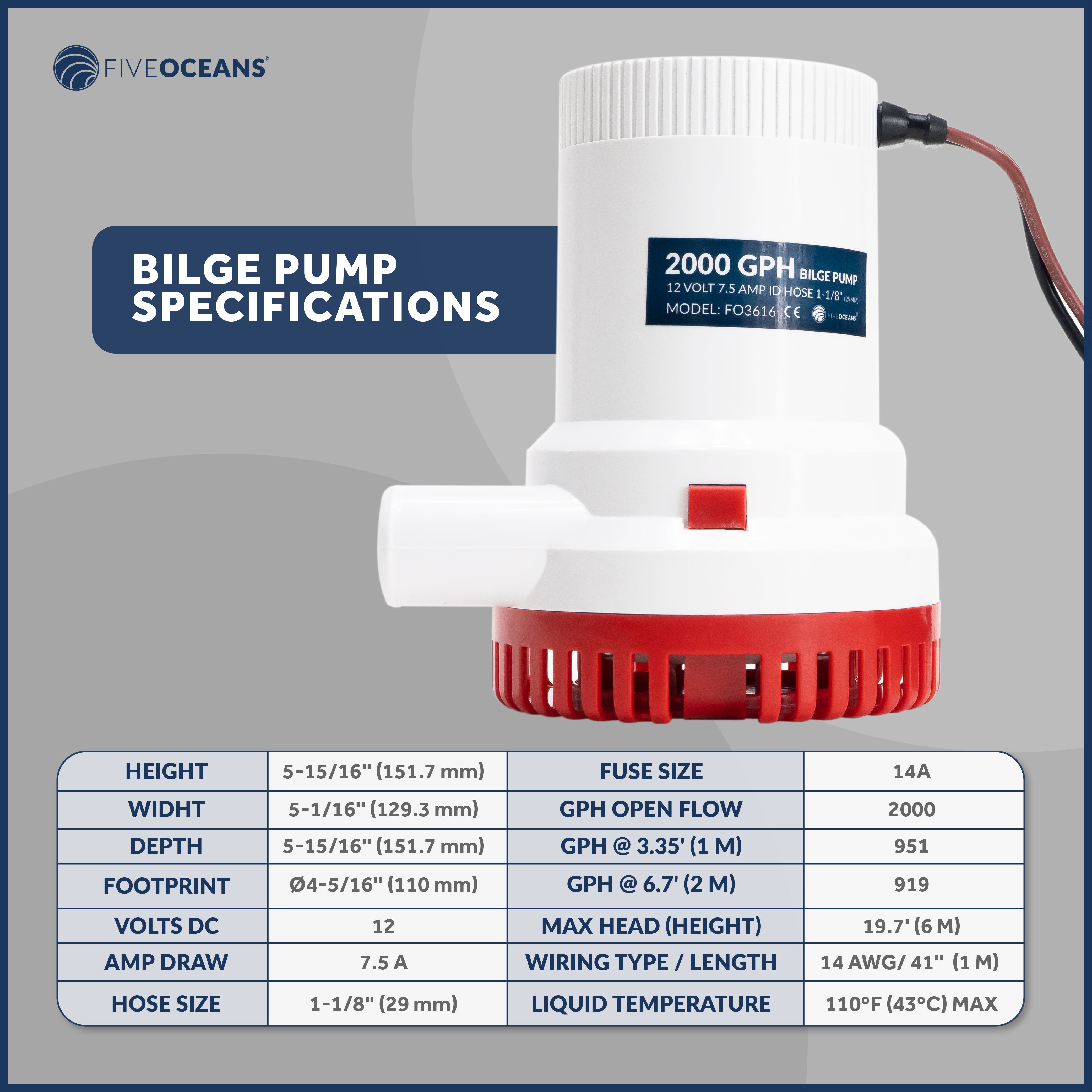 2000 GPH / 7571 LPH Bilge Pump 12V, 1-1/8" (29mm) Interior Diameter Hose, 41" 14-Gauge Wire - FO3616 - Five Oceans