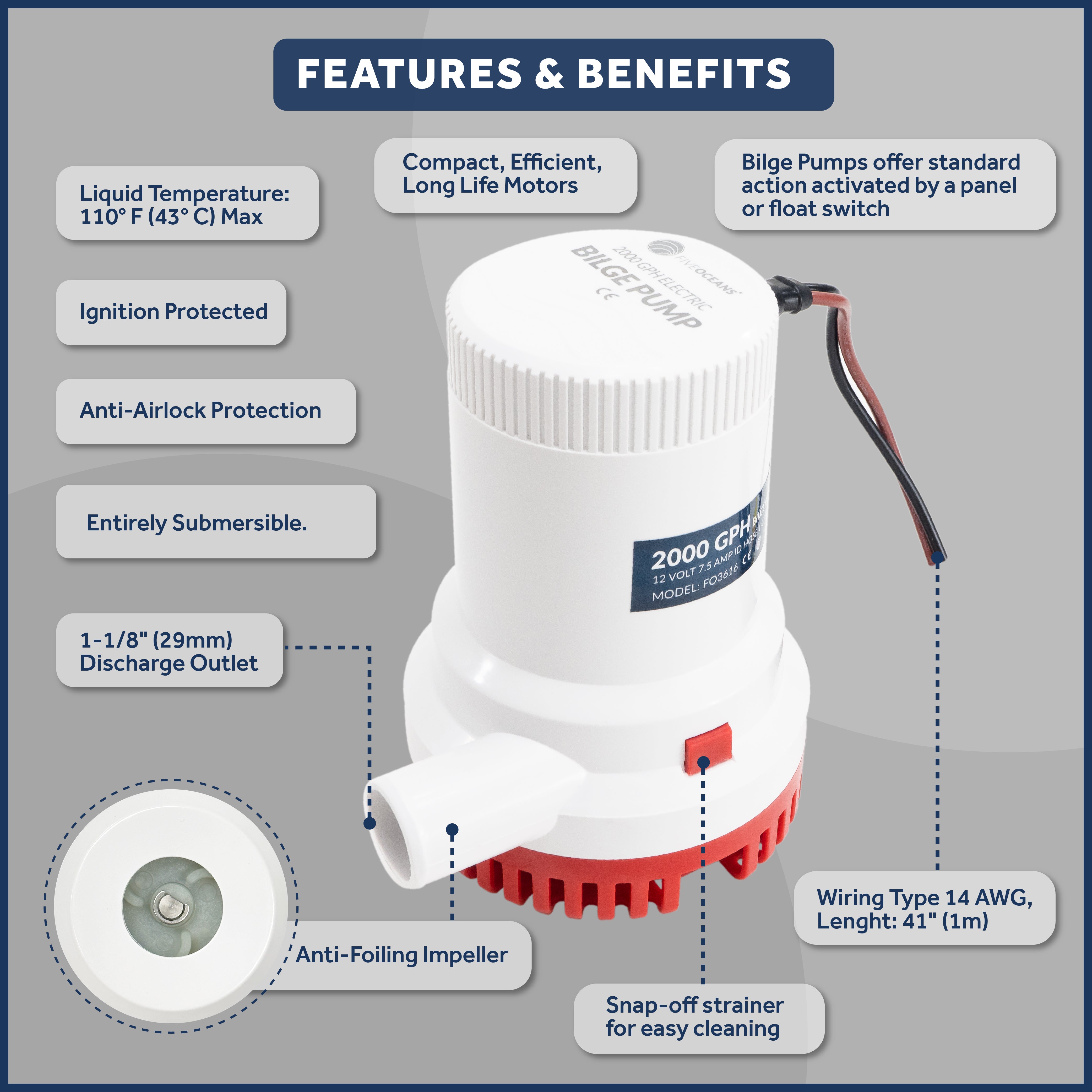 2000 GPH / 7571 LPH Bilge Pump 12V, 1-1/8" (29mm) Interior Diameter Hose, 41" 14-Gauge Wire - FO3616 - Five Oceans