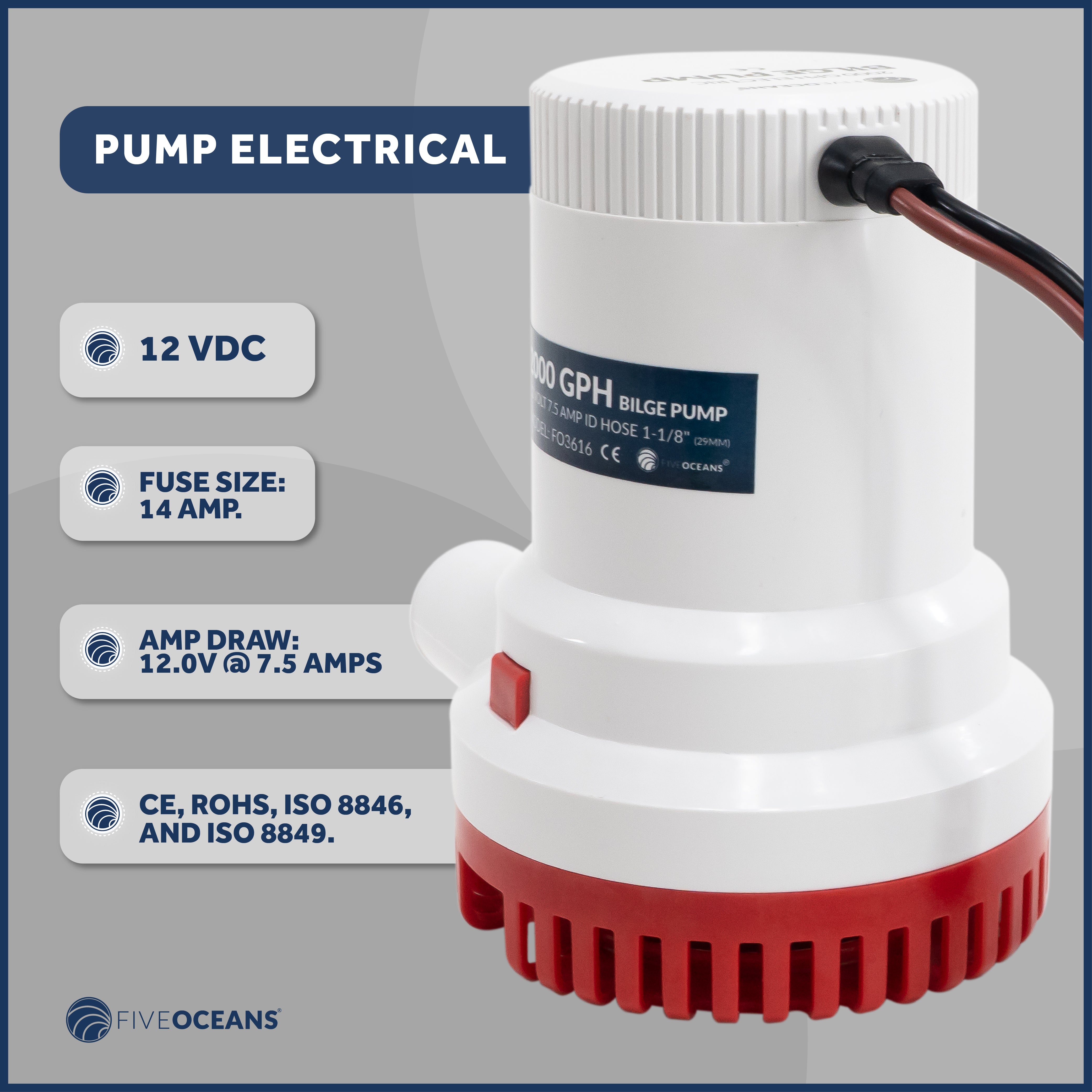 2000 GPH / 7571 LPH Bilge Pump 12V, 1-1/8" (29mm) Interior Diameter Hose, 41" 14-Gauge Wire - FO3616 - Five Oceans