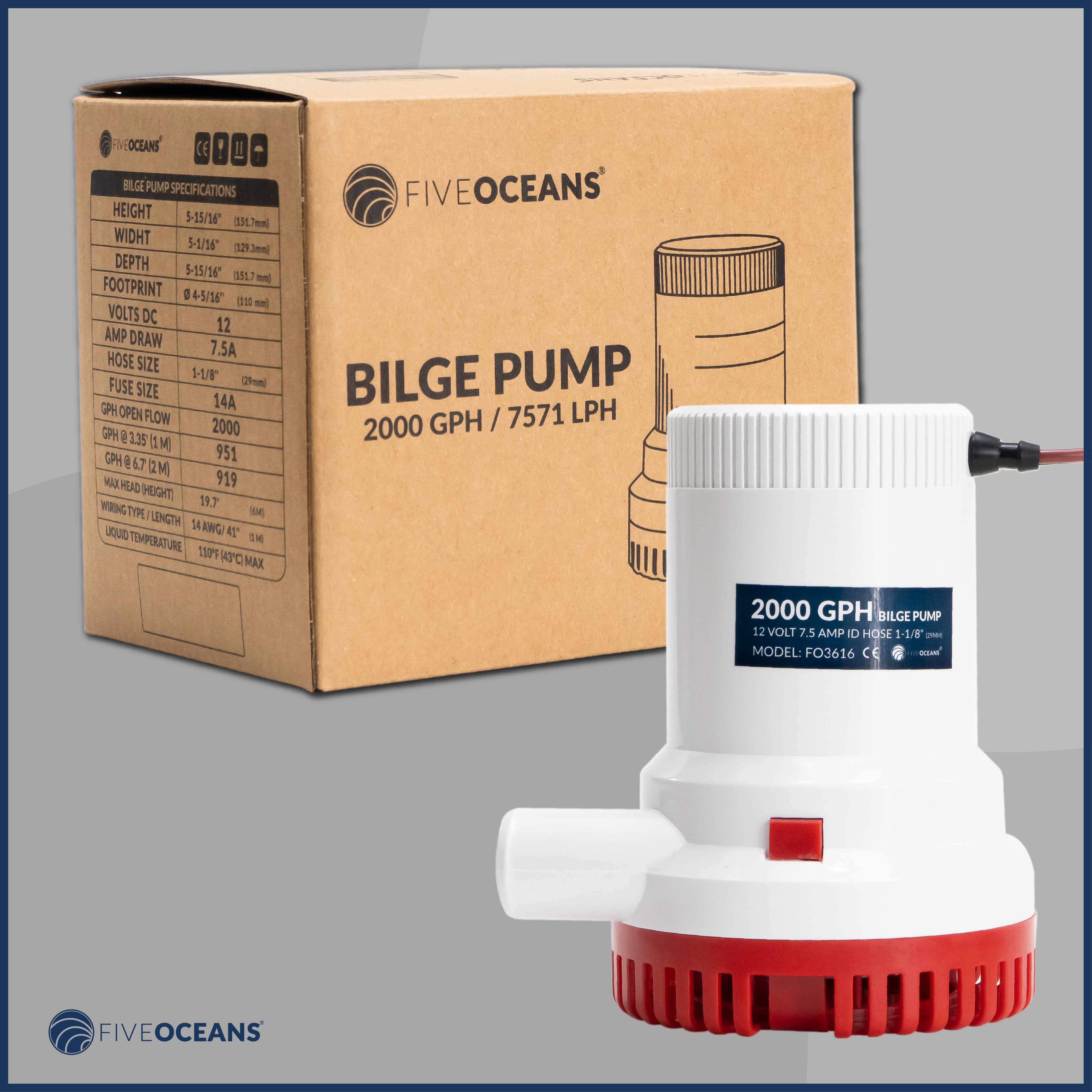 2000 GPH / 7571 LPH Bilge Pump 12V, 1-1/8" (29mm) Interior Diameter Hose, 41" 14-Gauge Wire - FO3616 - Five Oceans