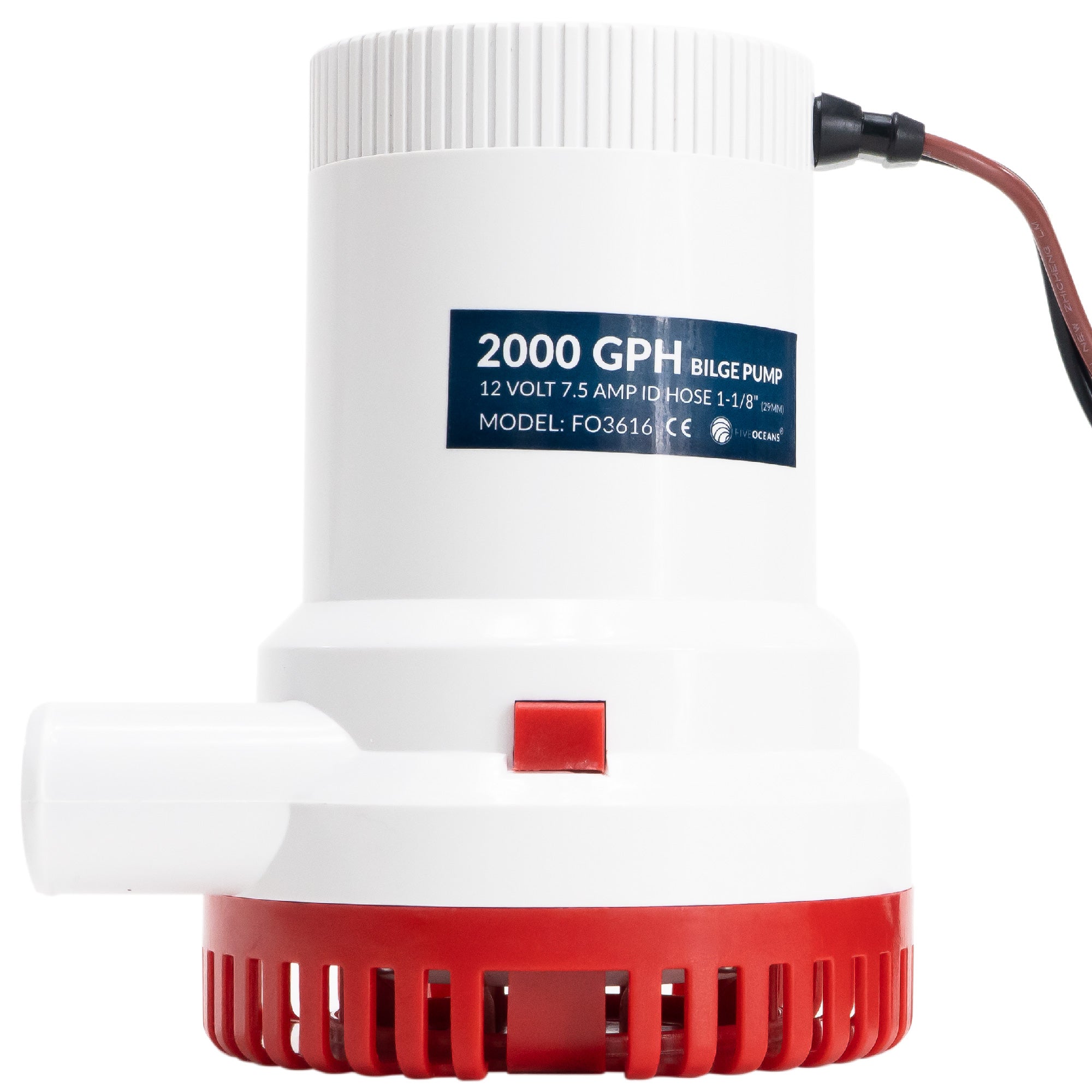 2000 GPH / 7571 LPH Bilge Pump 12V, 1-1/8" (29mm) Interior Diameter Hose, 41" 14-Gauge Wire - FO3616 - Five Oceans