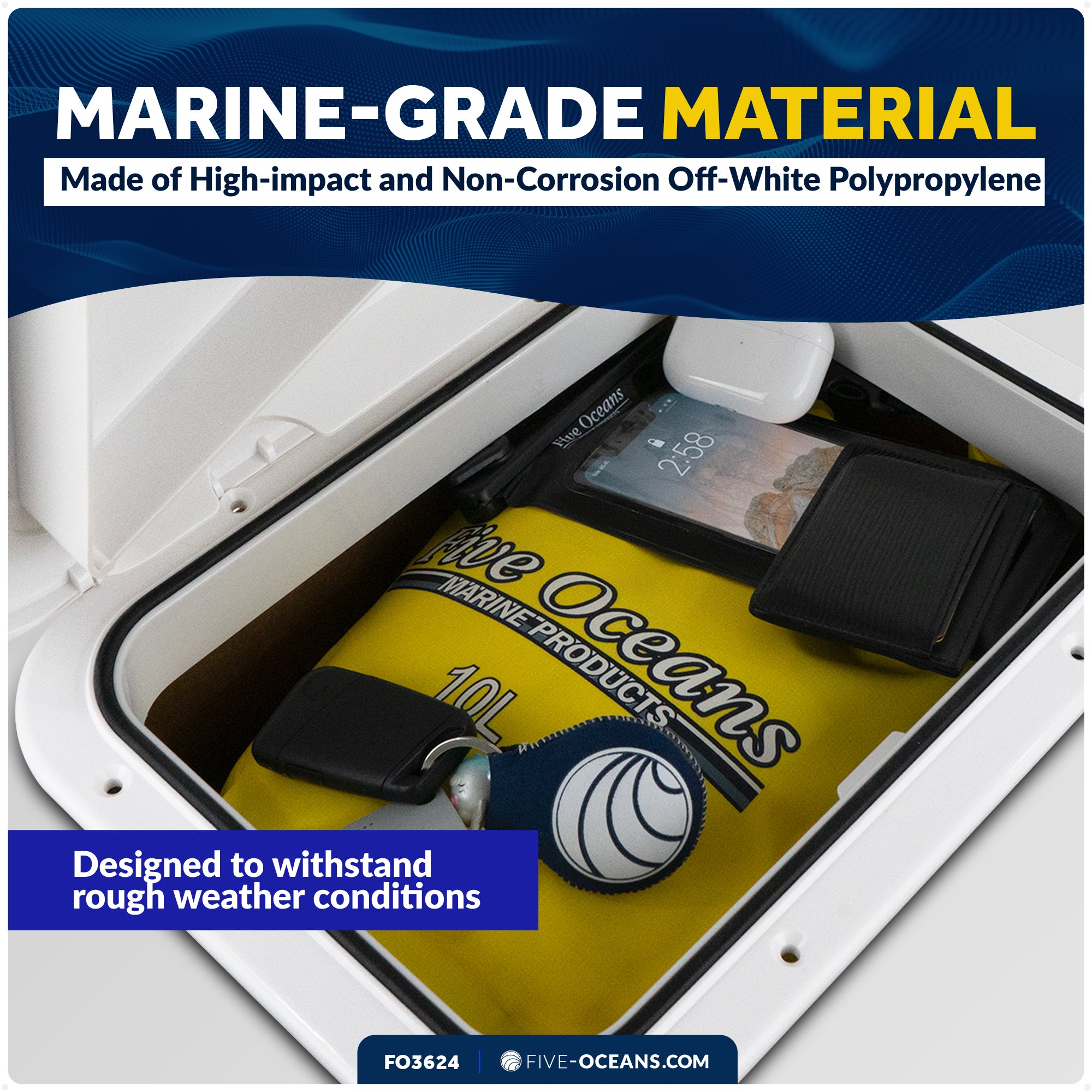 Boat Access Hatch, 10-5/8" x 14-3/4" Recessed Handle Locking System, White - FO3624 - Five Oceans