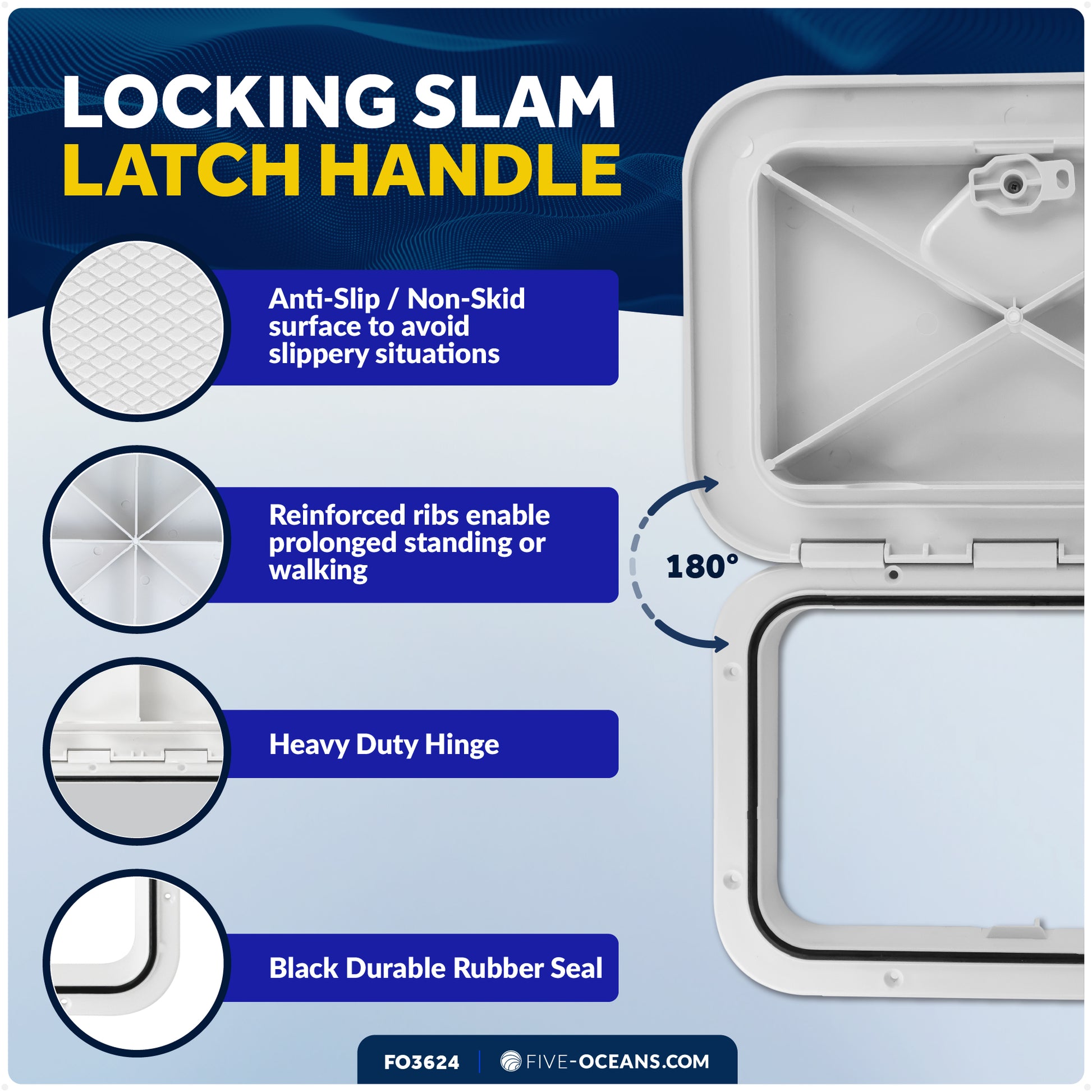 Boat Access Hatch, 10-5/8" x 14-3/4" Recessed Handle Locking System, White - FO3624 - Five Oceans