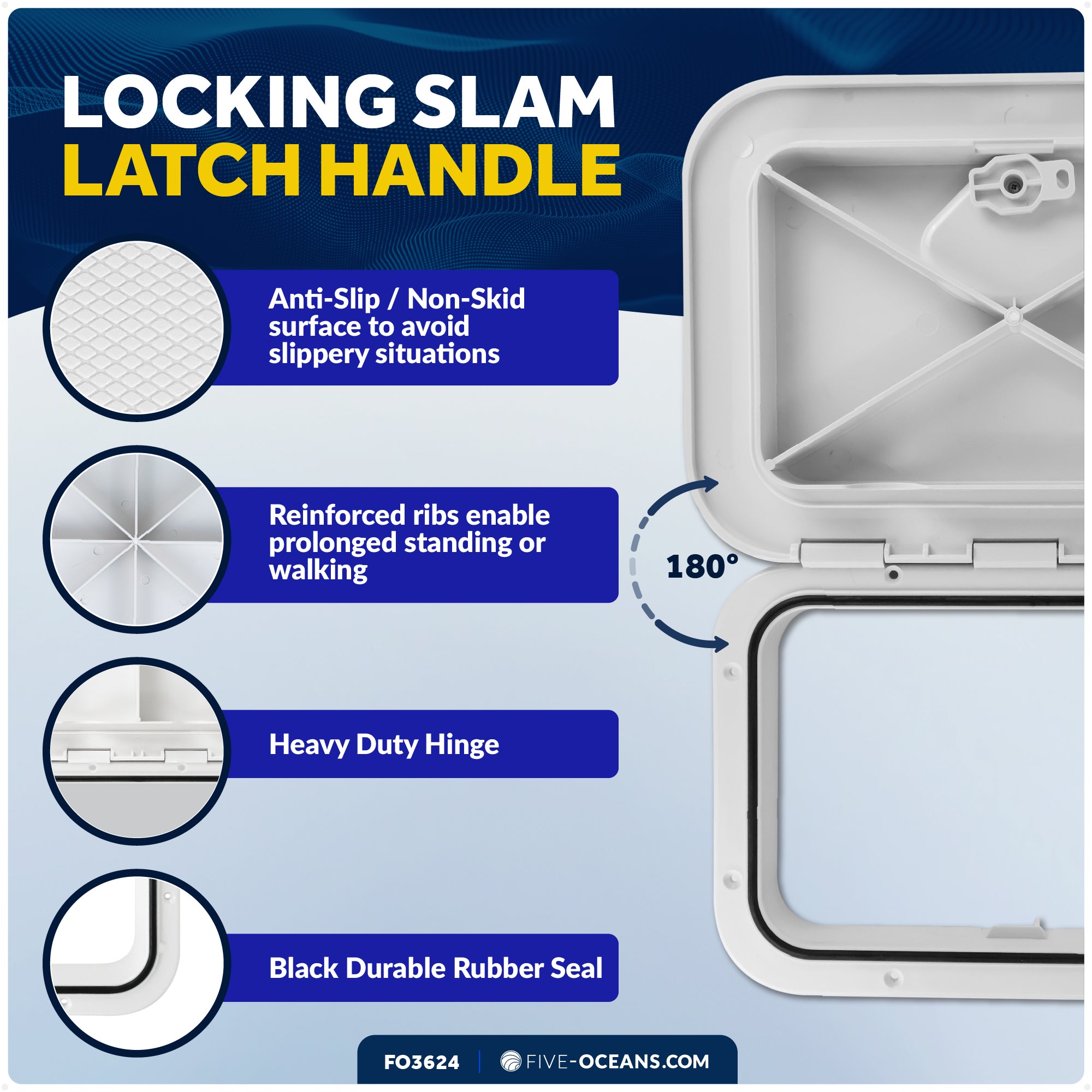 Boat Access Hatch, 10-5/8" x 14-3/4" Recessed Handle Locking System, White - FO3624 - Five Oceans