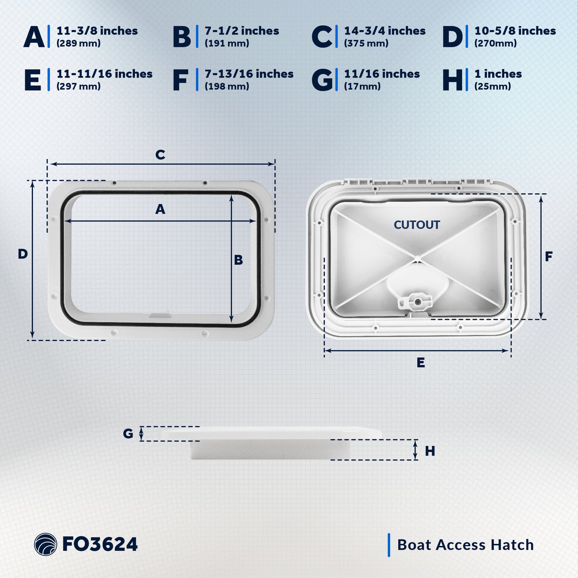 Boat Access Hatch, 10-5/8" x 14-3/4" Recessed Handle Locking System, White - FO3624 - Five Oceans