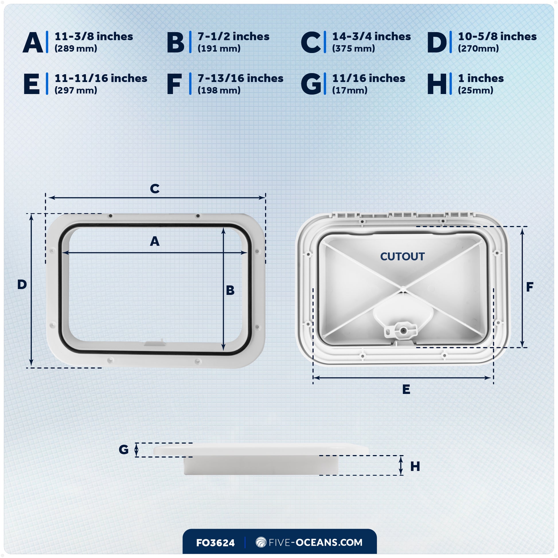 Boat Access Hatch, 10-5/8" x 14-3/4" Recessed Handle Locking System, White - FO3624 - Five Oceans