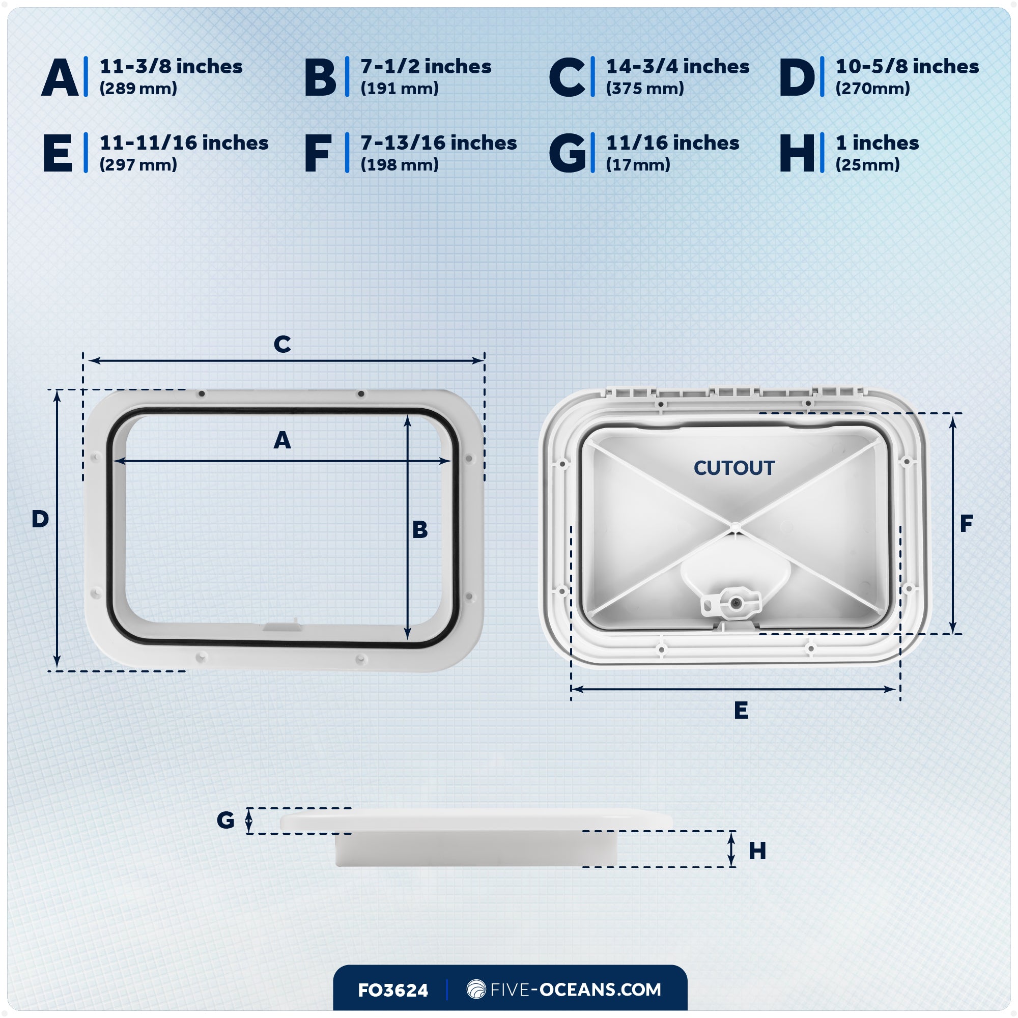 Boat Access Hatch, 10-5/8" x 14-3/4" Recessed Handle Locking System, White - FO3624 - Five Oceans