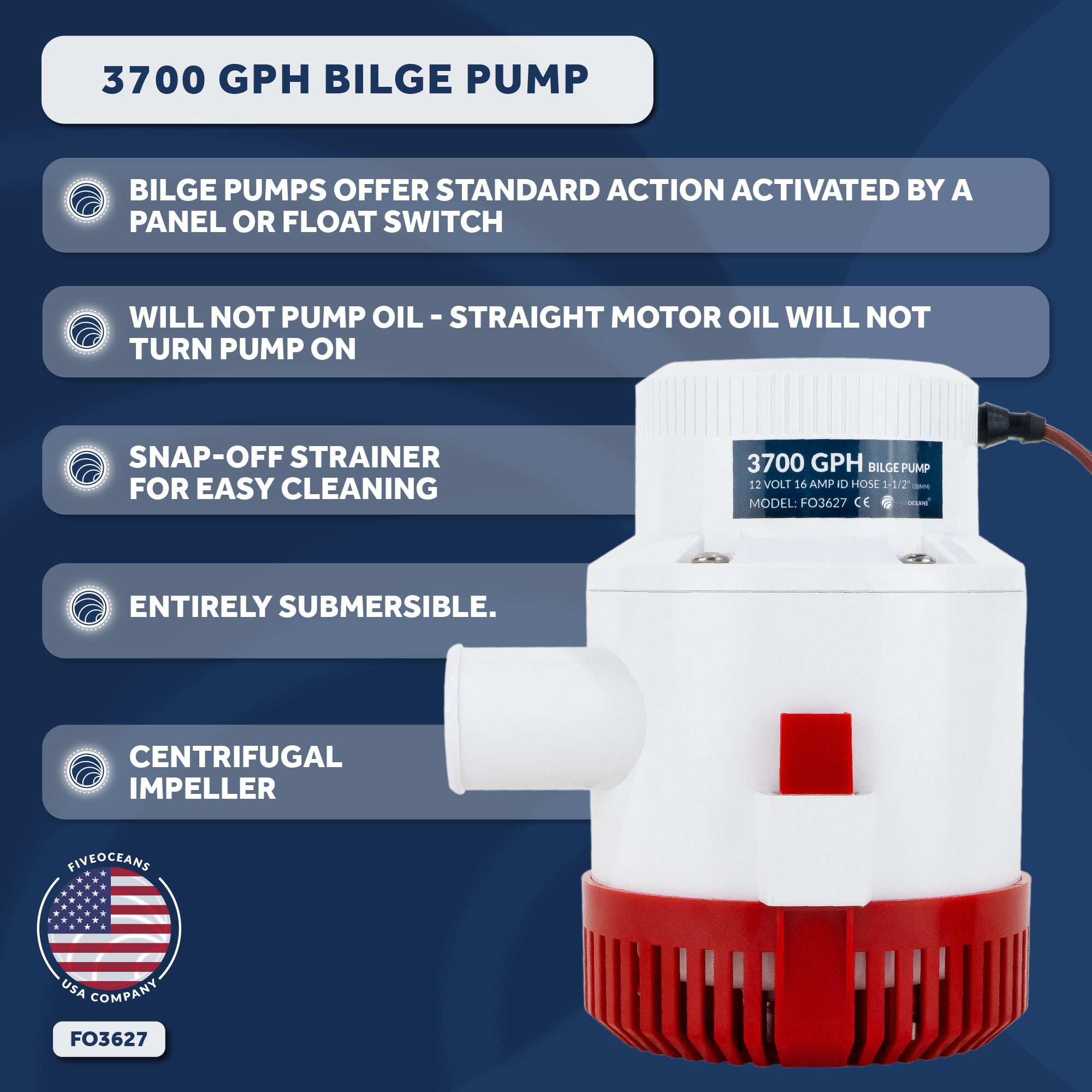 3700 GPH / 14010 LPH Bilge Pump 12V, Heavy-Duty, 1-1/2" (38mm) Interior Diameter Hose, 41" 14-Gauge Wire - FO3627 - Five Oceans
