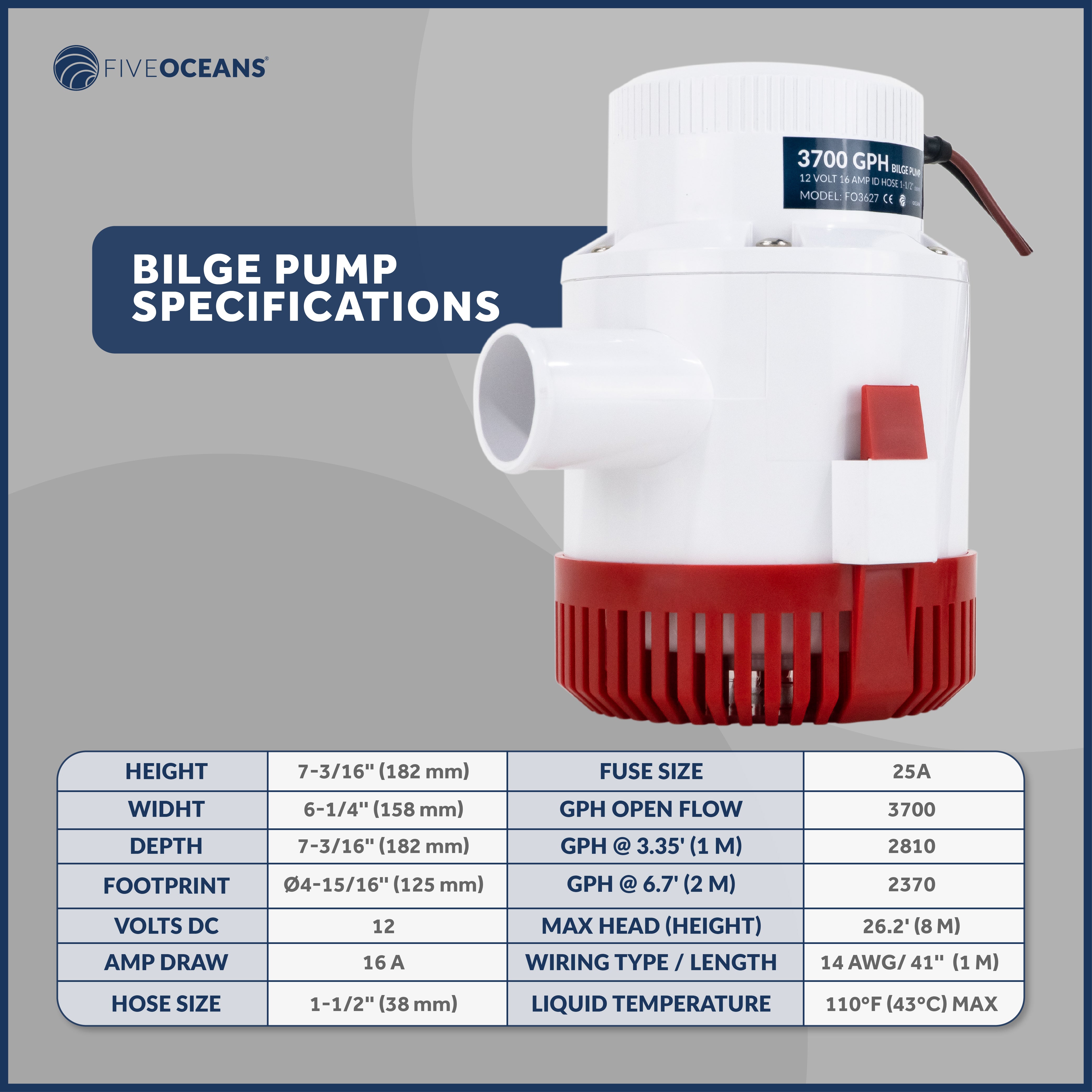 3700 GPH / 14010 LPH Bilge Pump 12V, Heavy-Duty, 1-1/2" (38mm) Interior Diameter Hose, 41" 14-Gauge Wire - FO3627 - Five Oceans