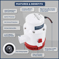 3700 GPH / 14010 LPH Bilge Pump 12V, Heavy-Duty, 1-1/2" (38mm) Interior Diameter Hose, 41" 14-Gauge Wire - FO3627 - Five Oceans