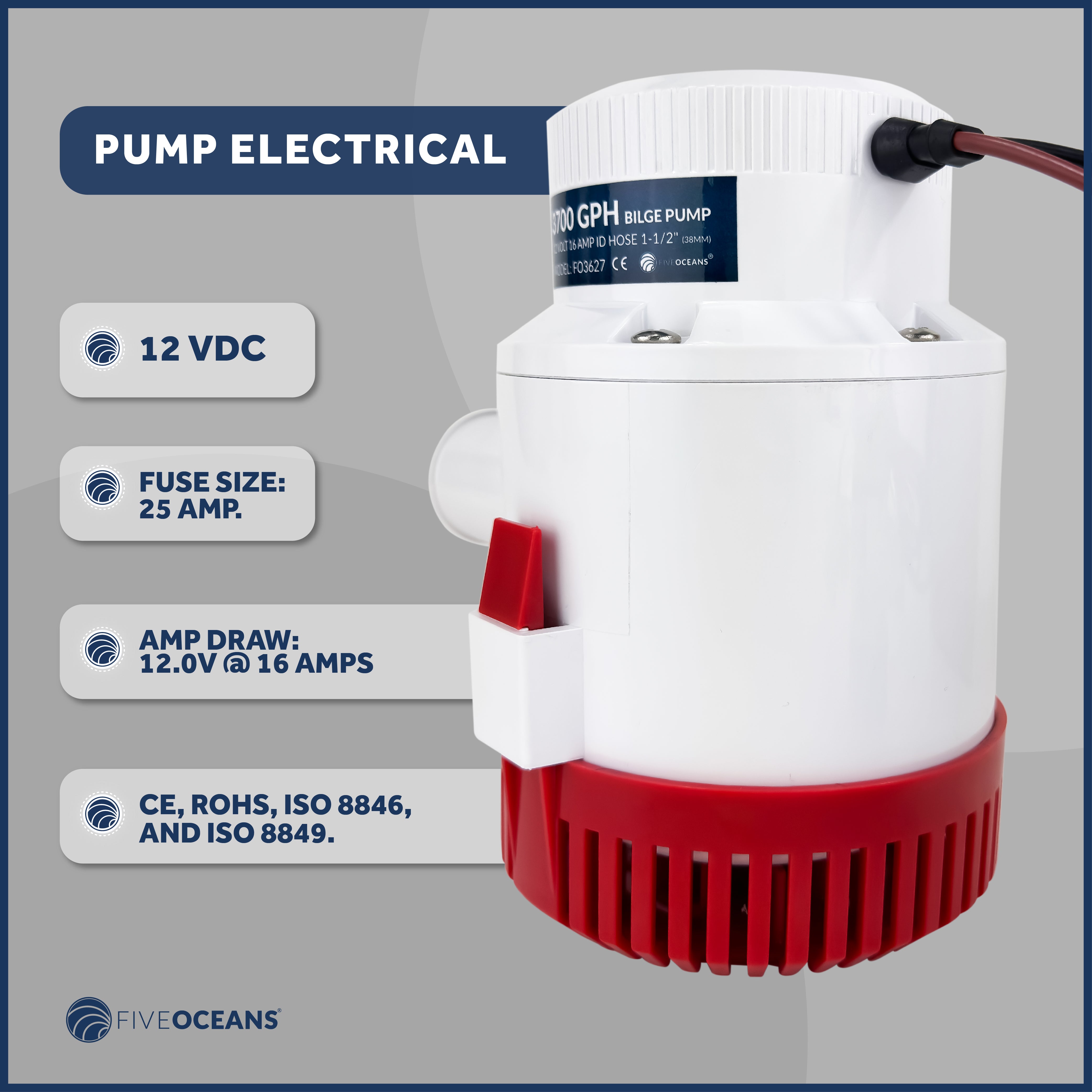 3700 GPH / 14010 LPH Bilge Pump 12V, Heavy-Duty, 1-1/2" (38mm) Interior Diameter Hose, 41" 14-Gauge Wire - FO3627 - Five Oceans