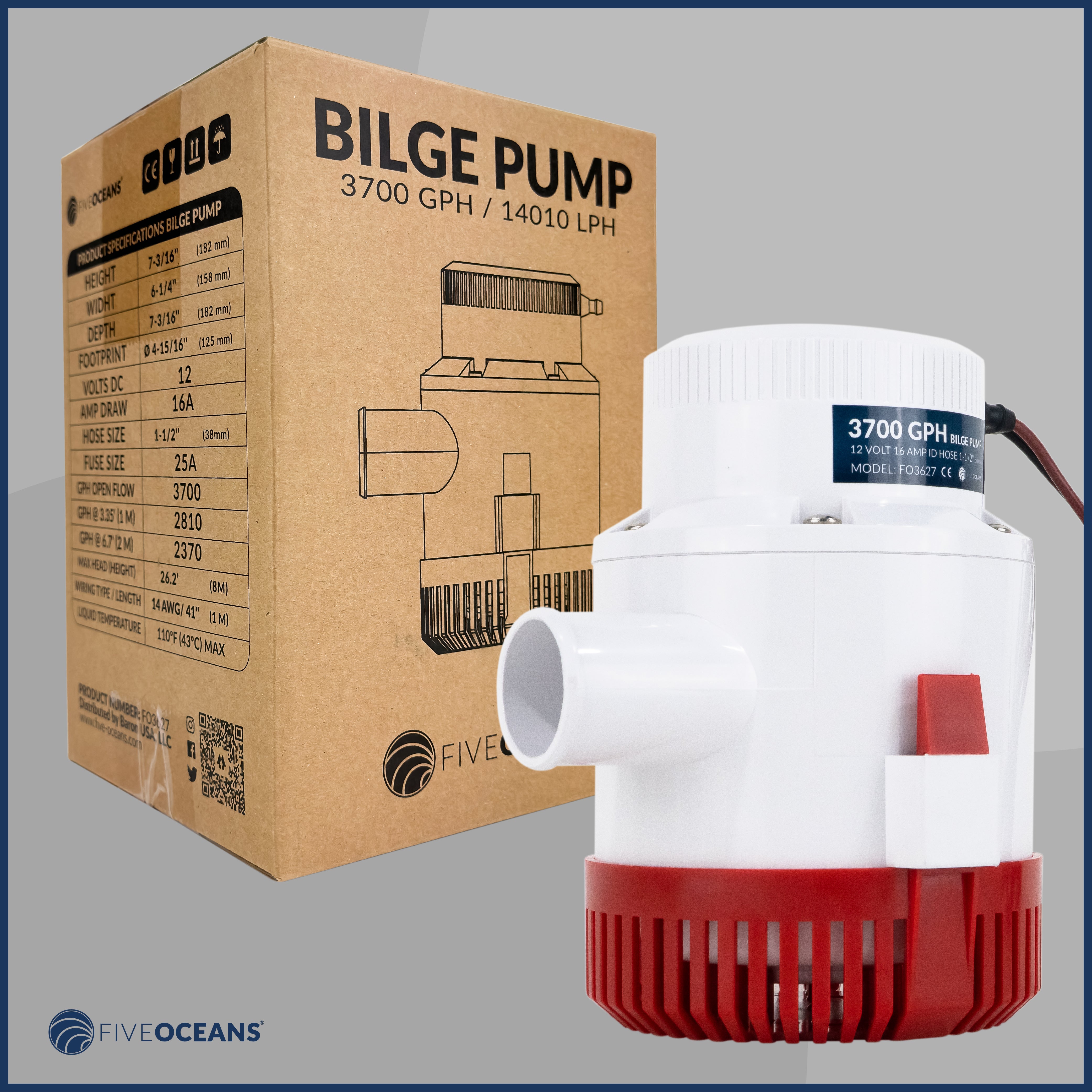3700 GPH / 14010 LPH Bilge Pump 12V, Heavy-Duty, 1-1/2" (38mm) Interior Diameter Hose, 41" 14-Gauge Wire - FO3627 - Five Oceans
