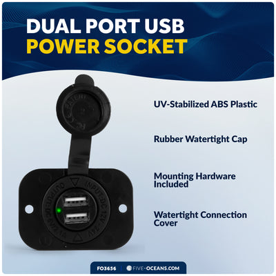 2-Port USB Charger Socket, 12-24V - FO3656 - Five Oceans