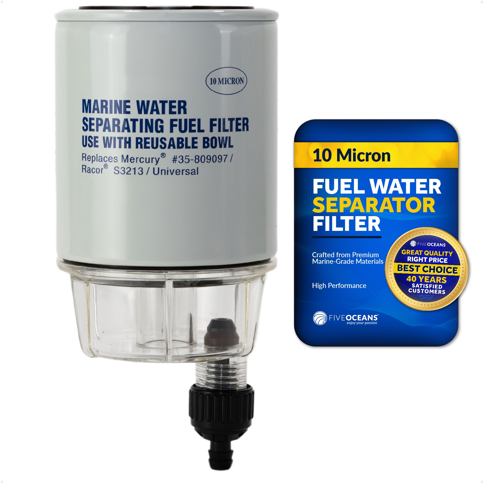 Fuel Water Separator Filter with See-Thru Bowl, Thread Diameter 11/16", 3/8" Barb - FO3665 - Five Oceans