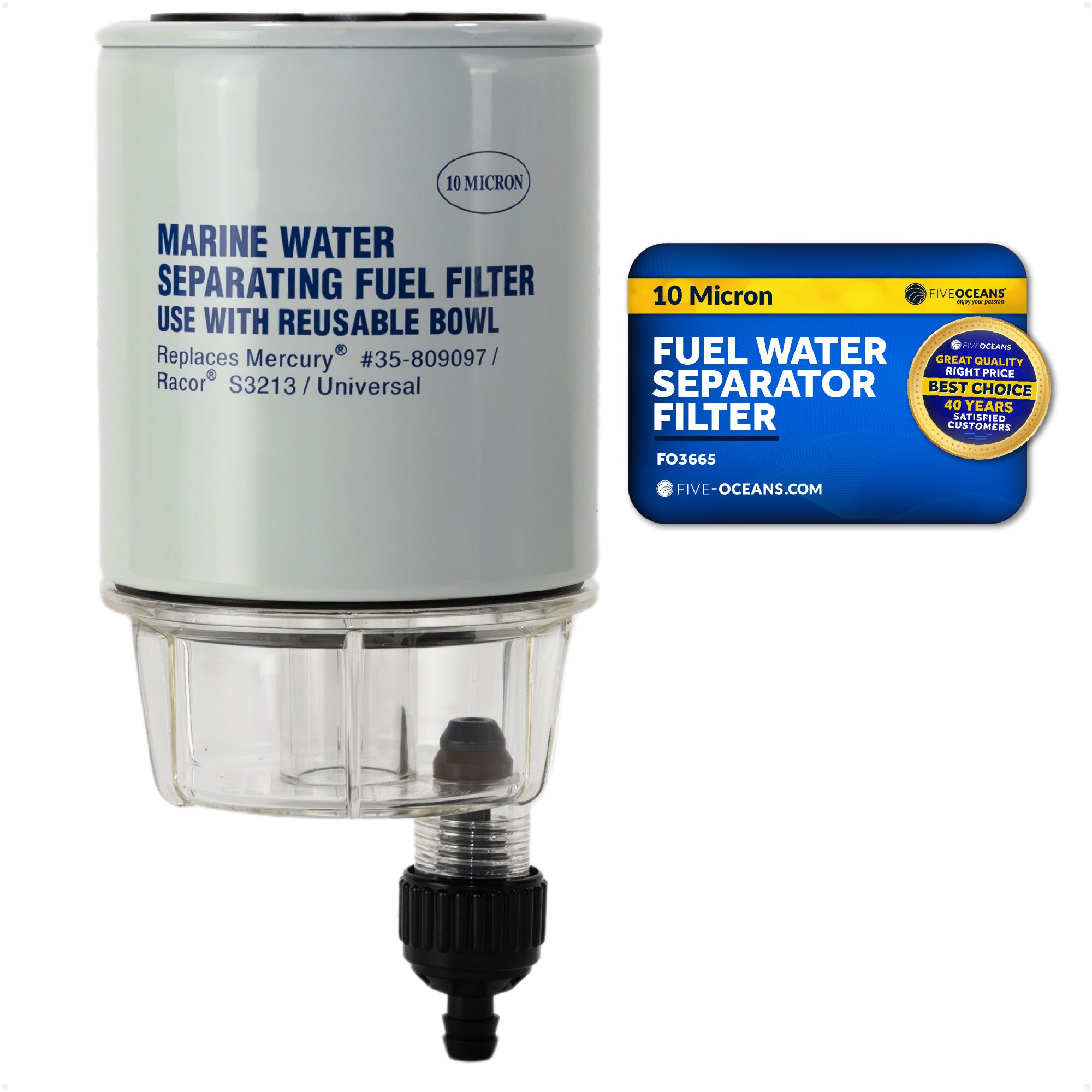 Fuel Water Separator Filter with See-Thru Bowl, Thread Diameter 11/16", 3/8" Barb - FO3665