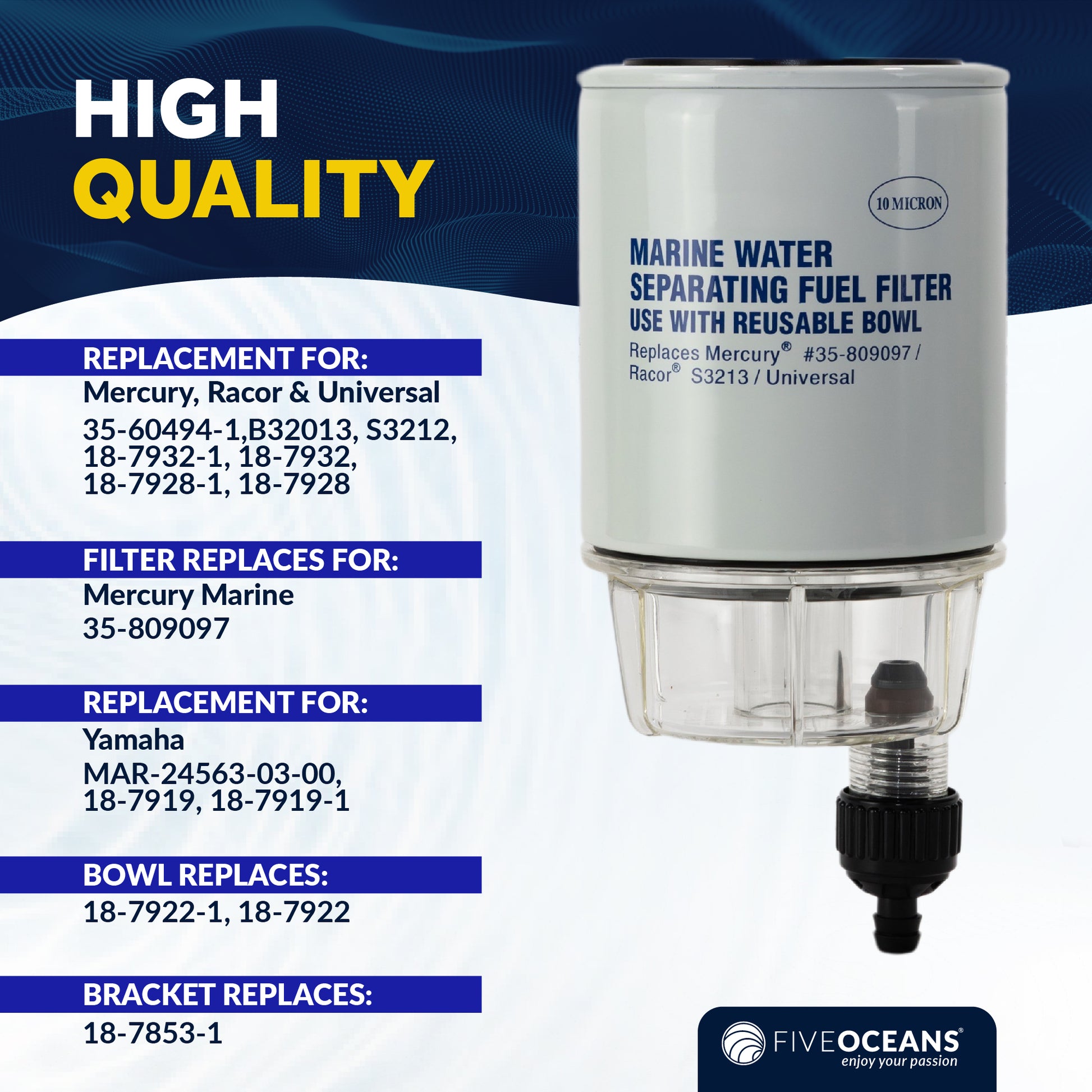 Fuel Water Separator Filter with See-Thru Bowl, Thread Diameter 11/16", 3/8" Barb - FO3665 - Five Oceans