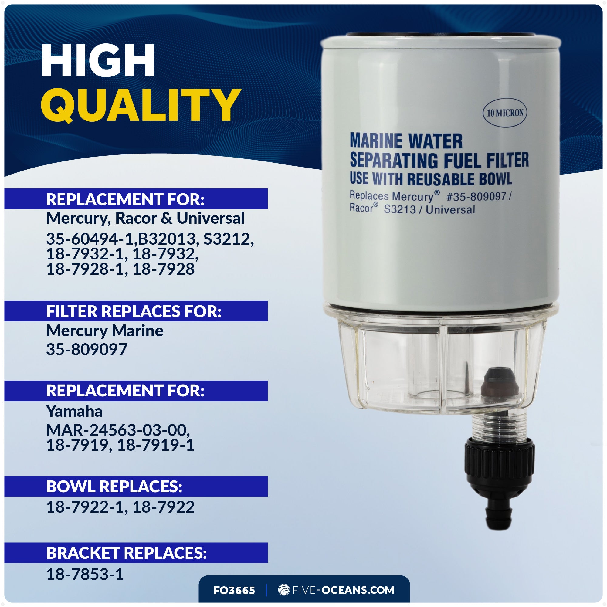 Fuel Water Separator Filter with See-Thru Bowl, Thread Dia. 11/16" - FO3665 - Five Oceans