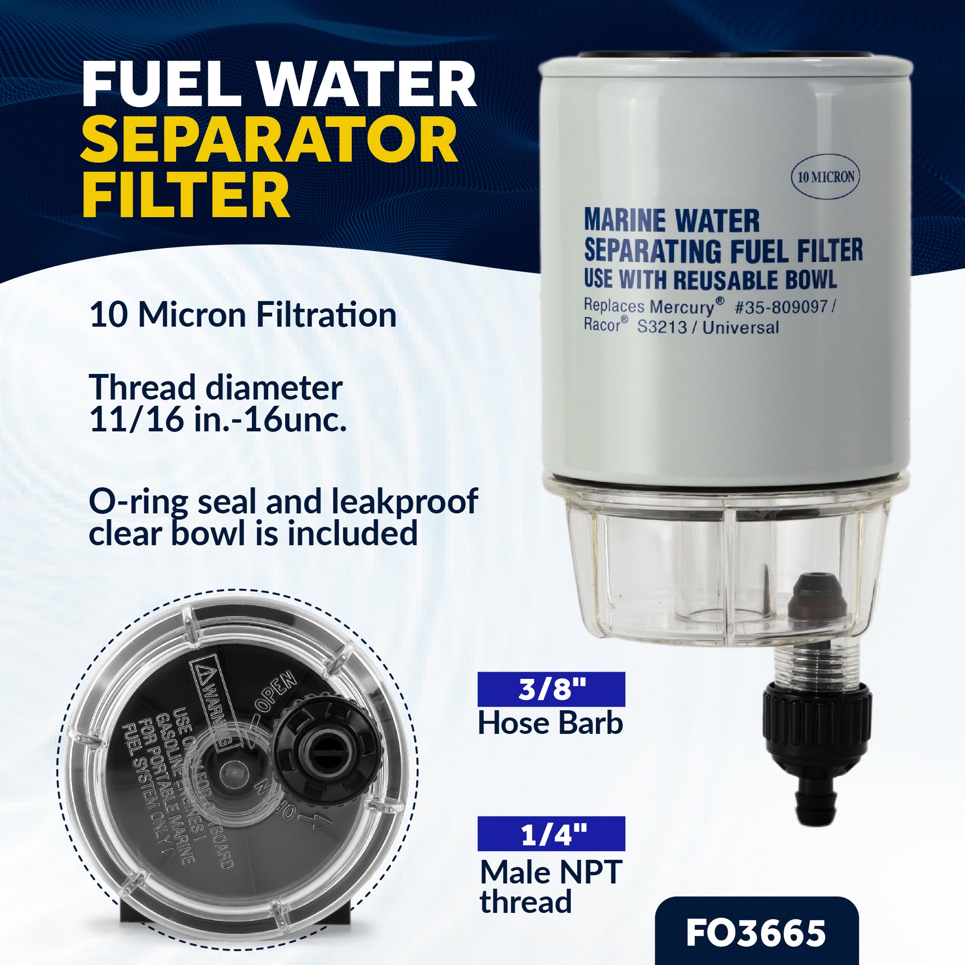 Fuel Water Separator Filter with See-Thru Bowl, Thread Diameter 11/16", 3/8" Barb - FO3665 - Five Oceans