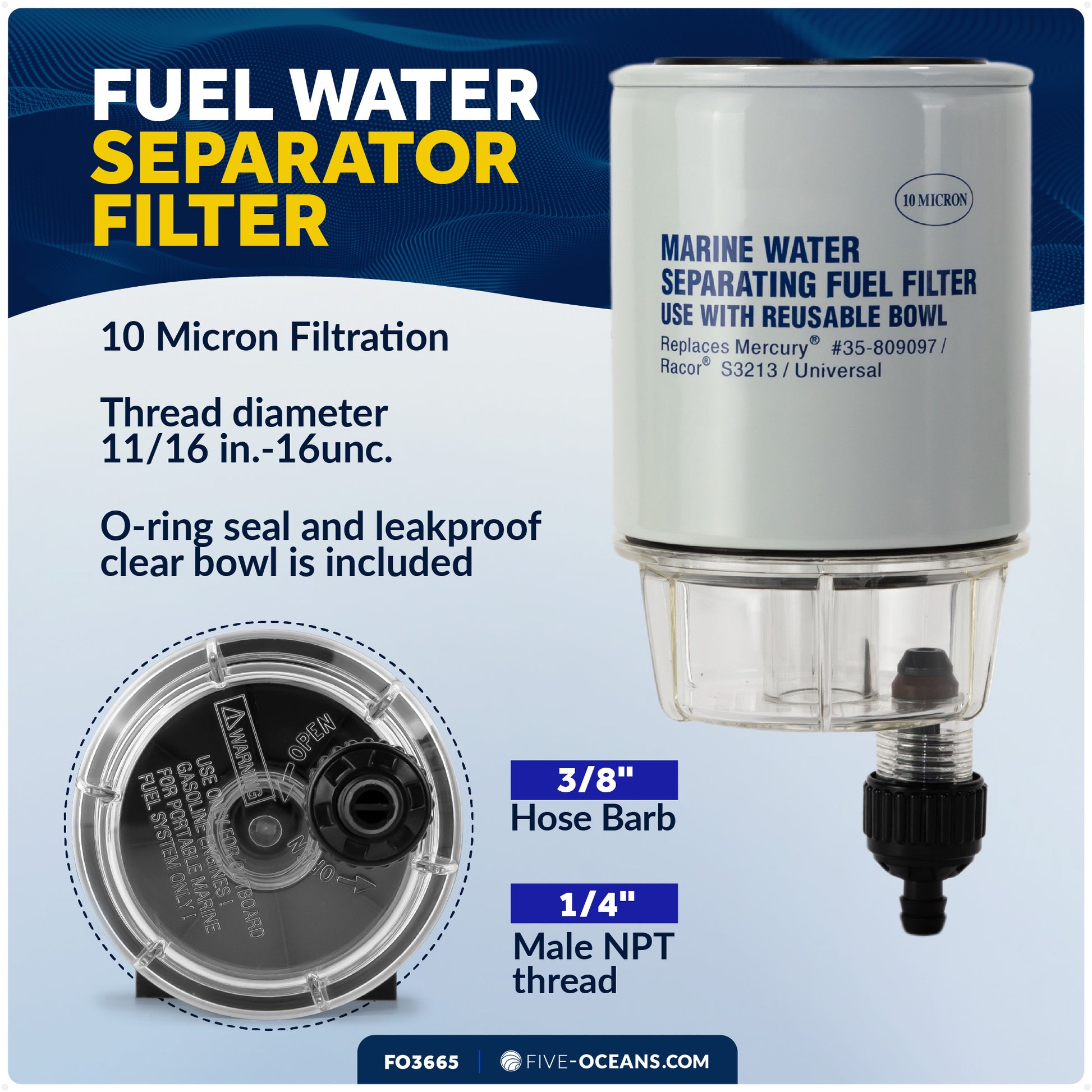 Fuel Water Separator Filter with See-Thru Bowl, Thread Diameter 11/16", 3/8" Barb - FO3665 - Five Oceans
