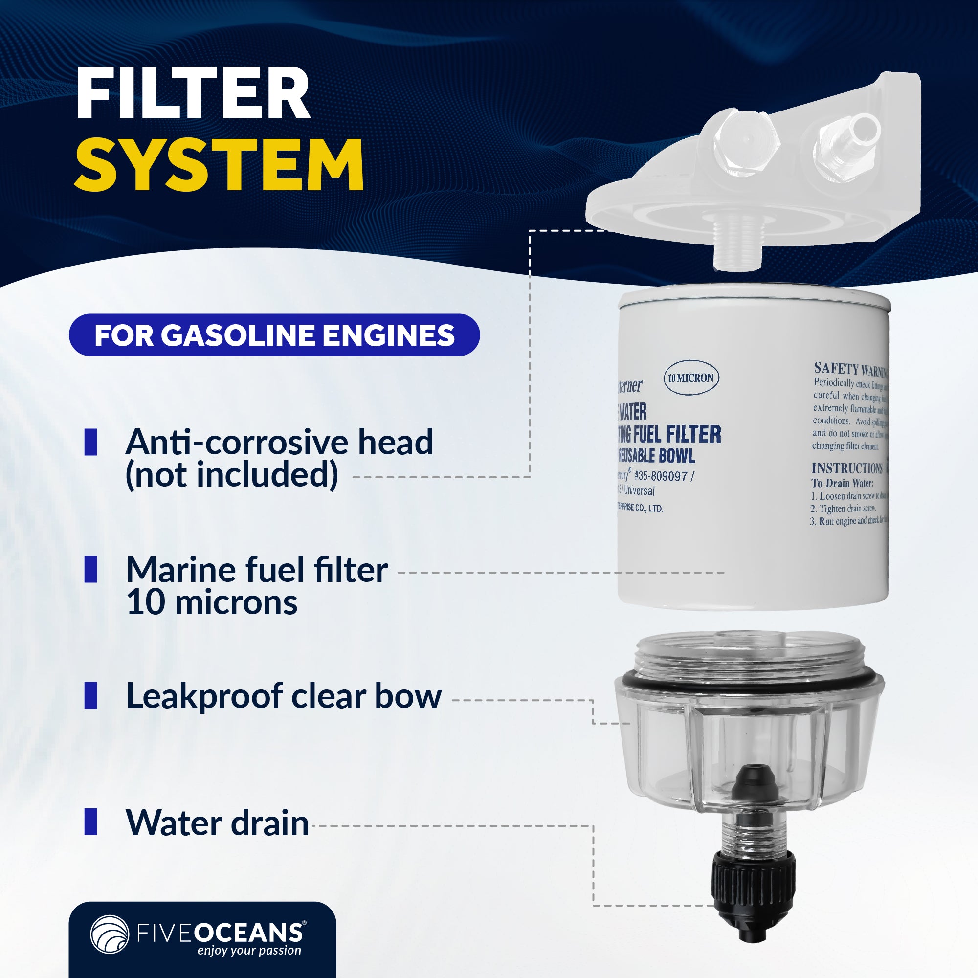 Fuel Water Separator Filter with See-Thru Bowl, Thread Diameter 11/16", 3/8" Barb - FO3665 - Five Oceans
