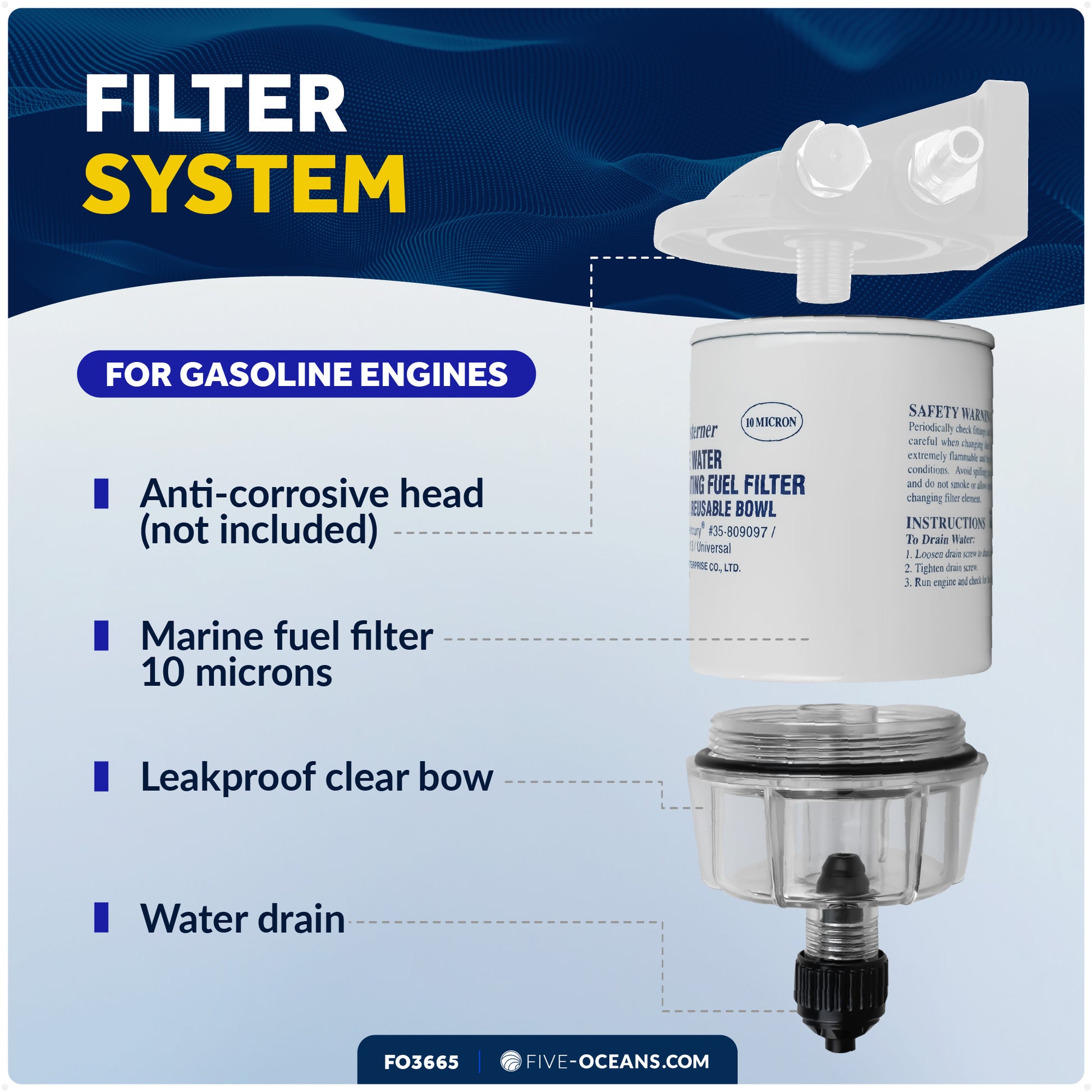 Fuel Water Separator Filter with See-Thru Bowl, Thread Diameter 11/16", 3/8" Barb - FO3665 - Five Oceans