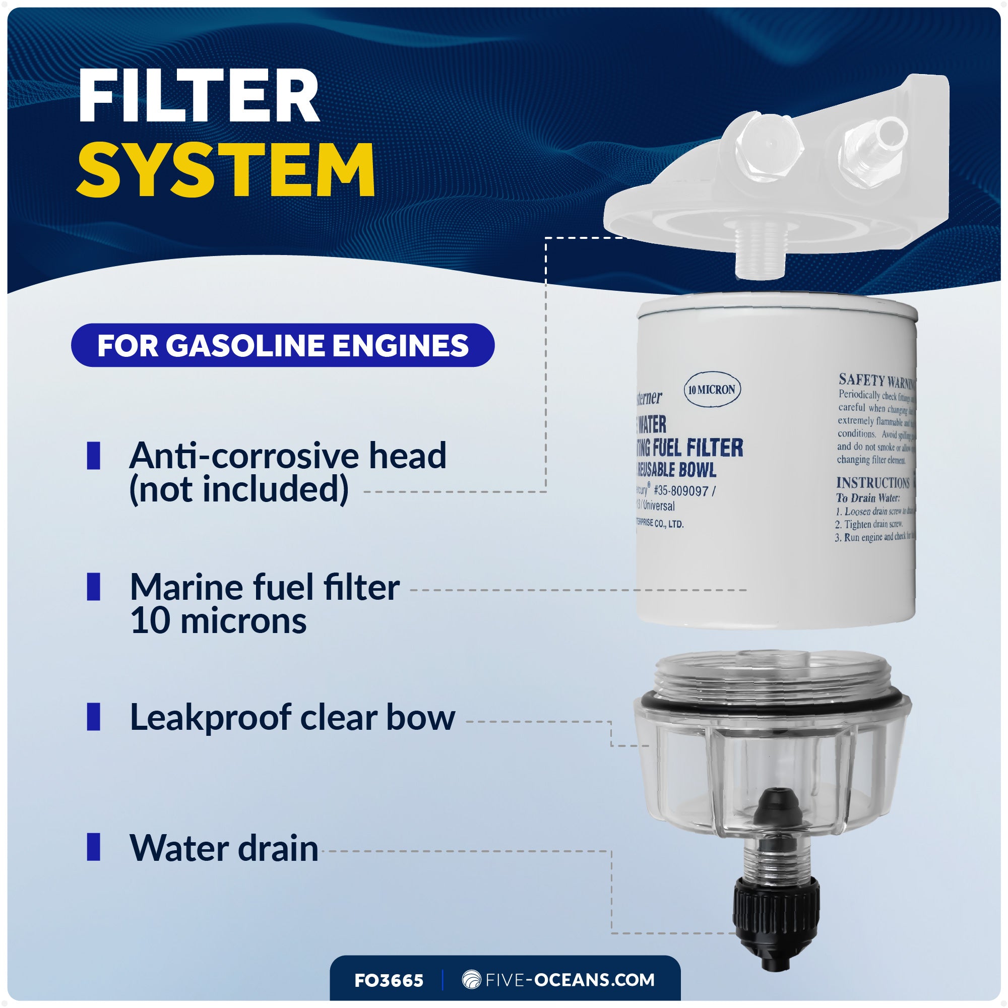 Fuel Water Separator Filter with See-Thru Bowl, Thread Diameter 11/16", 3/8" Barb - FO3665 - Five Oceans