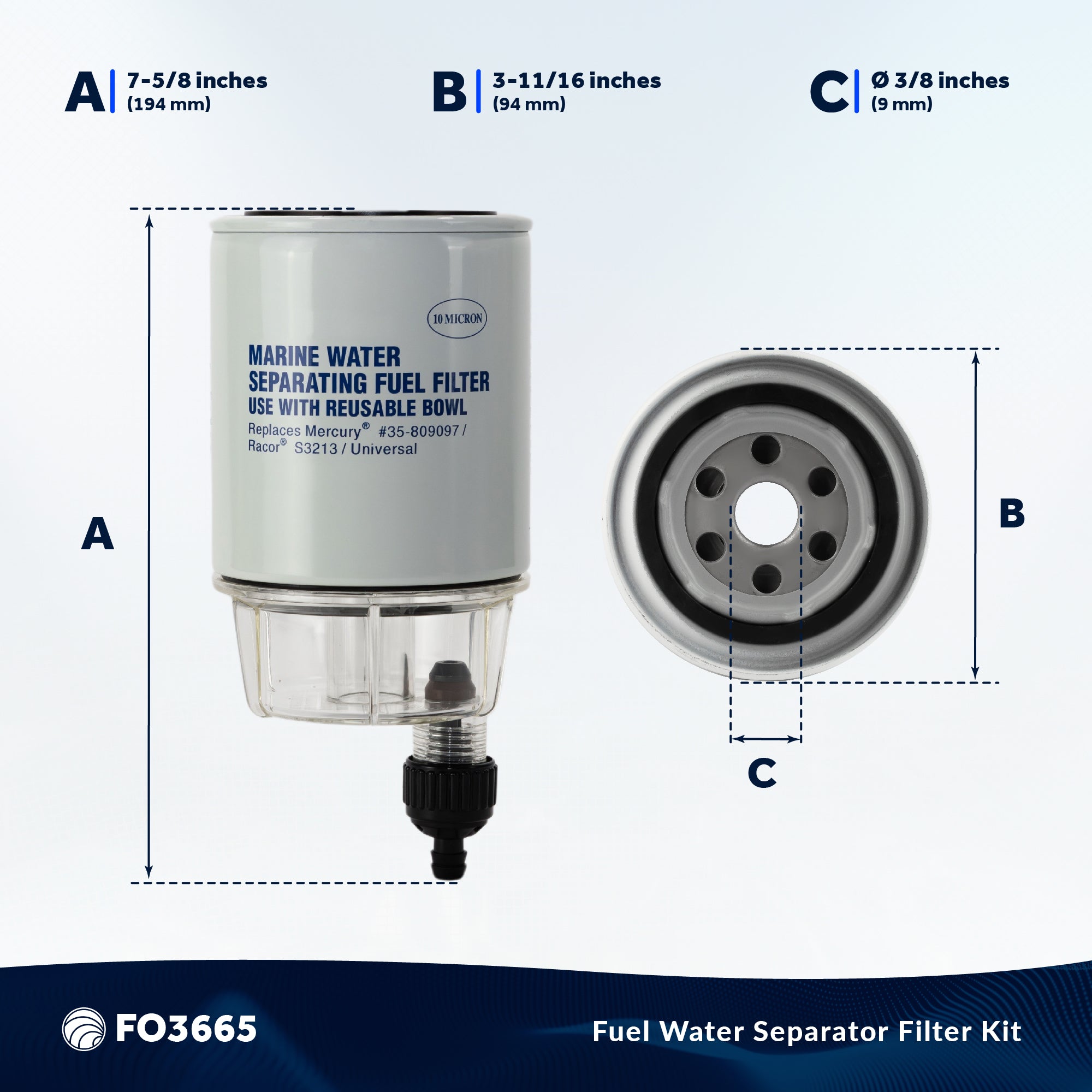 Fuel Water Separator Filter with See-Thru Bowl, Thread Diameter 11/16", 3/8" Barb - FO3665 - Five Oceans