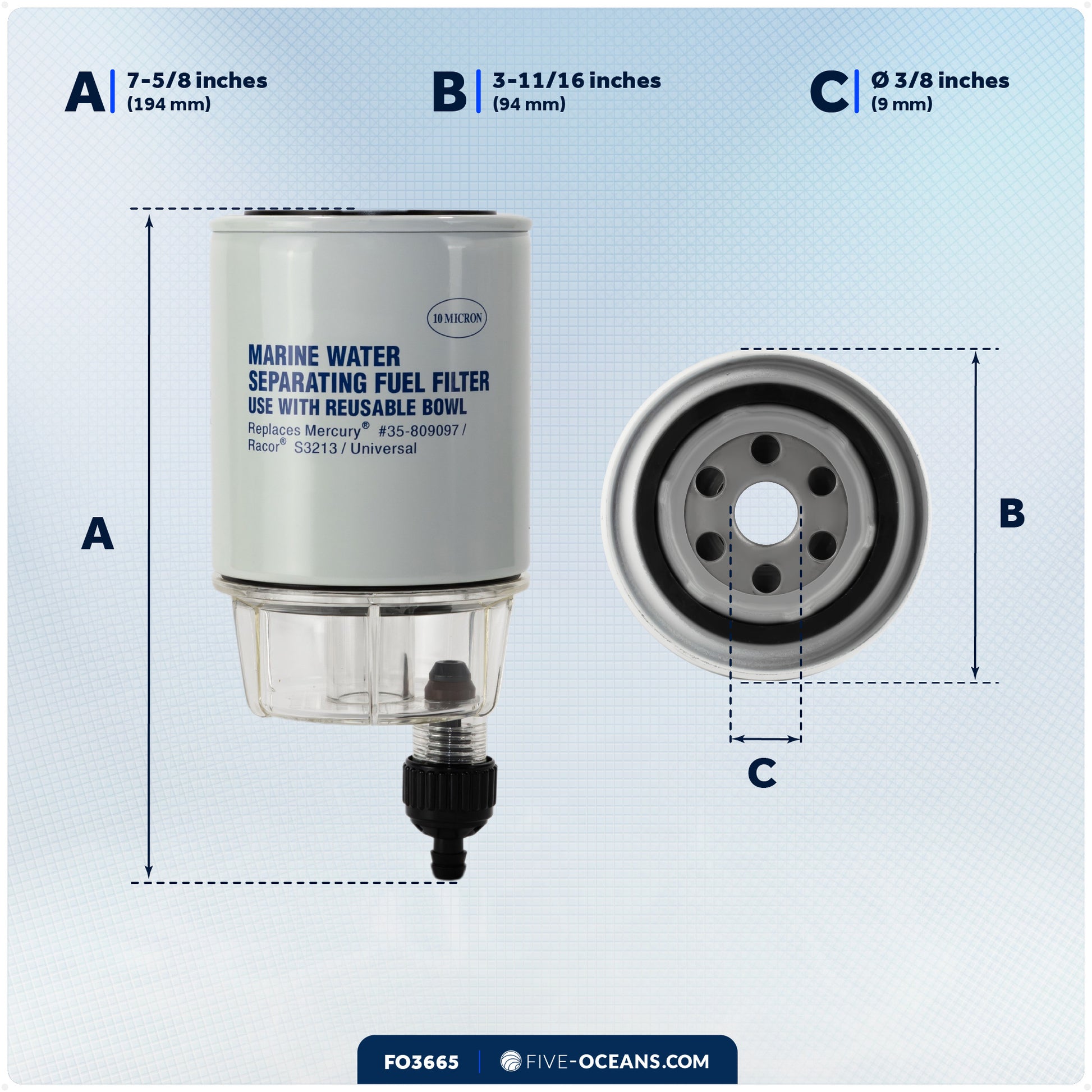 Fuel Water Separator Filter with See-Thru Bowl, Thread Diameter 11/16", 3/8" Barb - FO3665 - Five Oceans