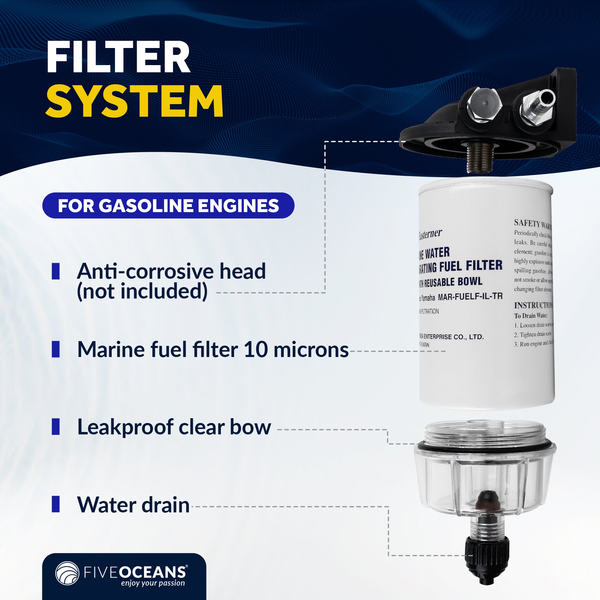 Fuel Line Water Separator Filter Assembly for MAR-FUELF-IL-TR - FO3667 - Five Oceans