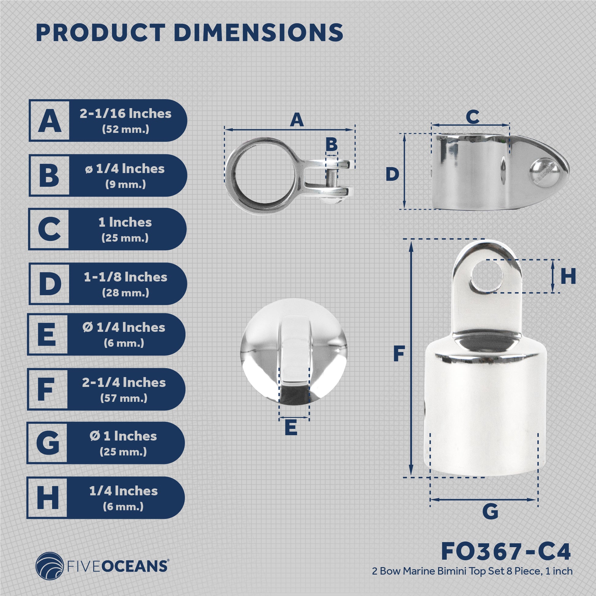 2 Bow Bimini Top Hardware Set 8 Piece, Fitting Fit 1", AISI316 Stainless Steel - FO367-C4 - Five Oceans