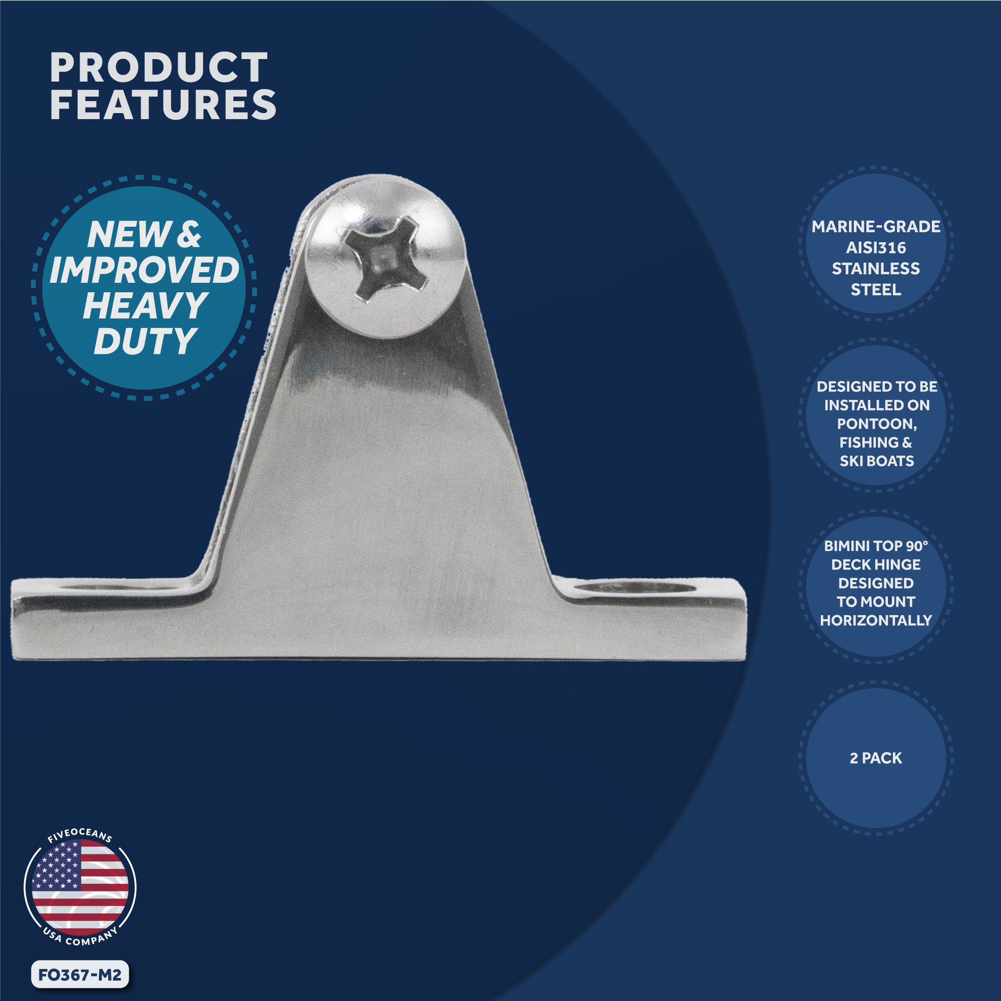 Bimini Top Hardware 90 Degree Deck Hinge with Screw Pin, AISI316 Stailess Steel - 2-Pack FO367-M2 - Five Oceans