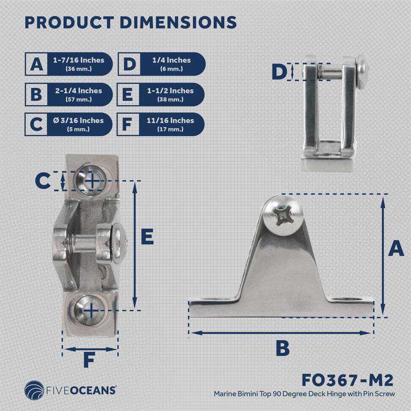 Bimini Top Hardware 90 Degree Deck Hinge with Screw Pin, AISI316 Stailess Steel - 2-Pack FO367-M2 - Five Oceans