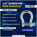 1/4" Captive Screw Pin Bow Anchor Shackle, AISI316 Stainless Steel, 4-Pack