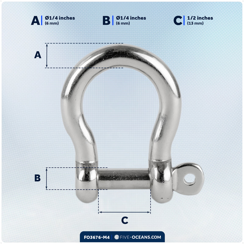1/4" Captive Screw Pin Bow Anchor Shackle, AISI316 Stainless Steel, 4-Pack