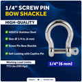 1/4" Captive Screw Pin Bow Anchor Shackle, AISI316 Stainless Steel