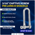 3/16" Captive Screw Pin Long D Shackle, AISI316 Stainless Steel