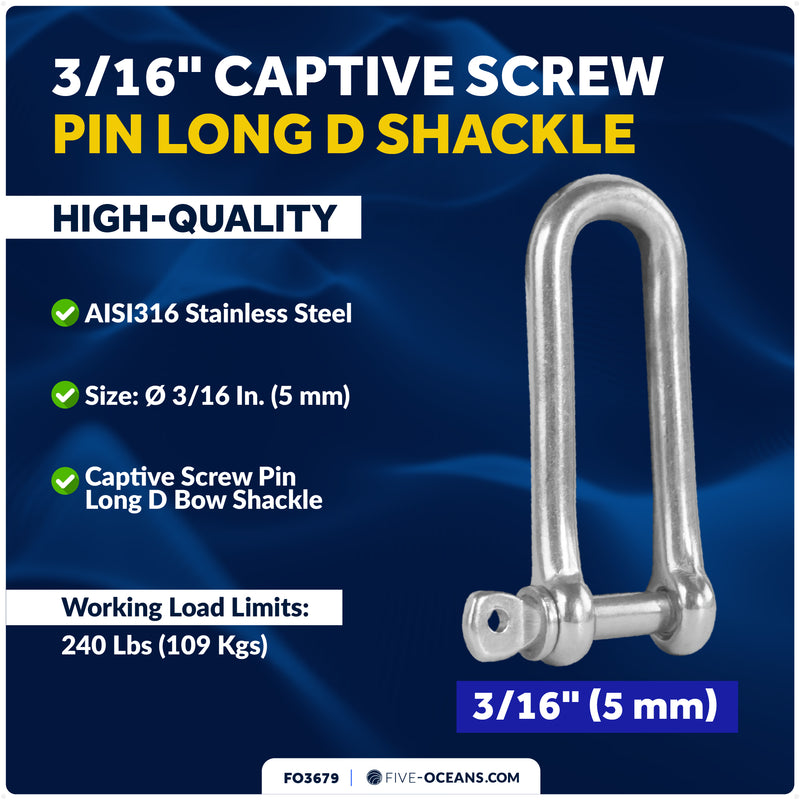3/16" Captive Screw Pin Long D Shackle, AISI316 Stainless Steel