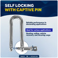 3/16" Captive Screw Pin Long D Shackle, AISI316 Stainless Steel