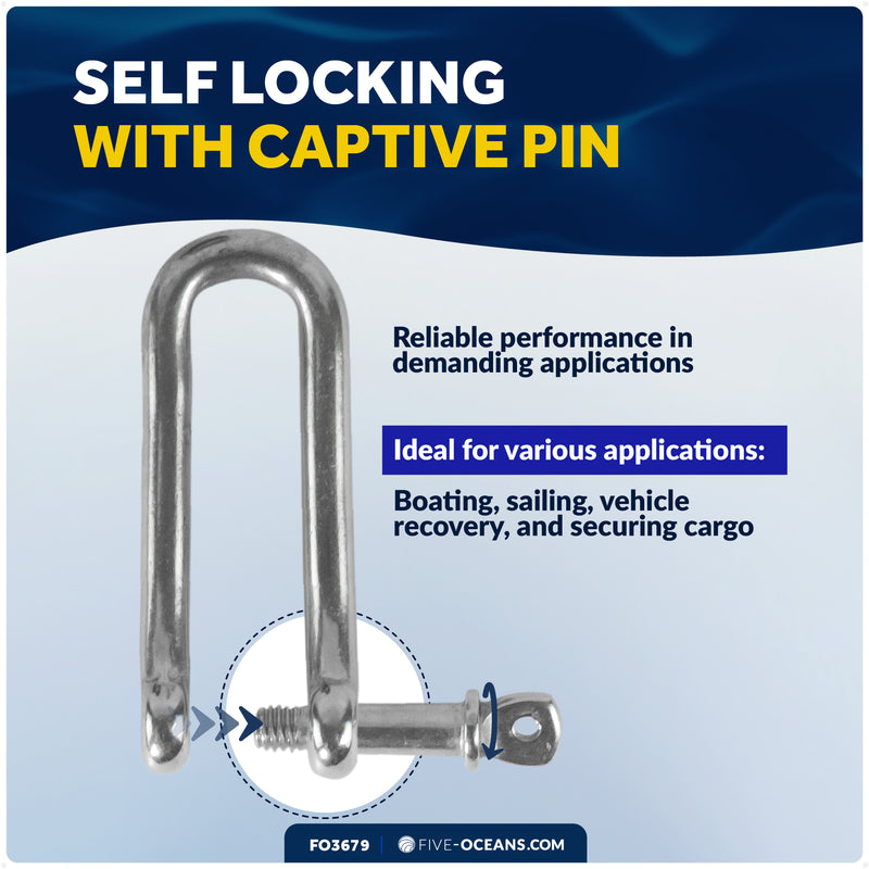 3/16" Captive Screw Pin Long D Shackle, AISI316 Stainless Steel