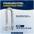 3/16" Captive Screw Pin Long D Shackle, AISI316 Stainless Steel