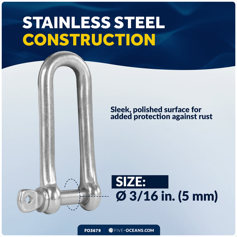 3/16" Captive Screw Pin Long D Shackle, AISI316 Stainless Steel