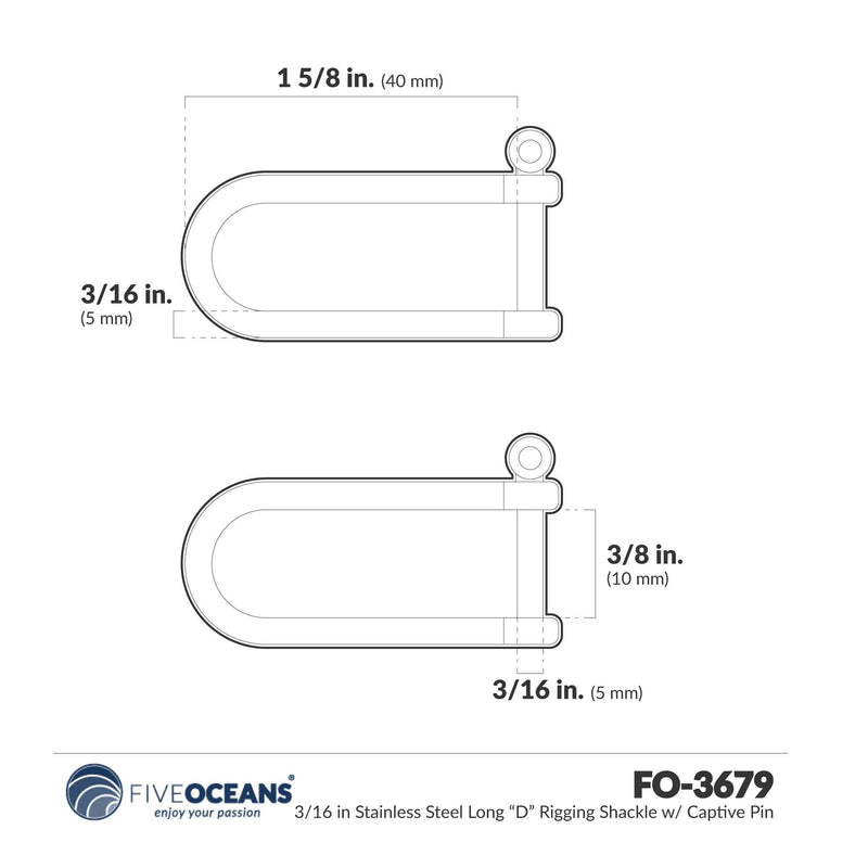 Screw Pin Long "D" Rigging Shackle 3/16", Stainless Steel - FO3679 - Five Oceans
