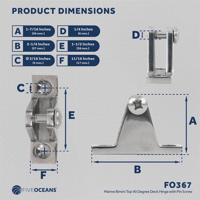 Bimini Top Hardware 90 Degree Deck Hinge with Screw Pin, AISI316 Stailess Steel - FO367 - Five Oceans