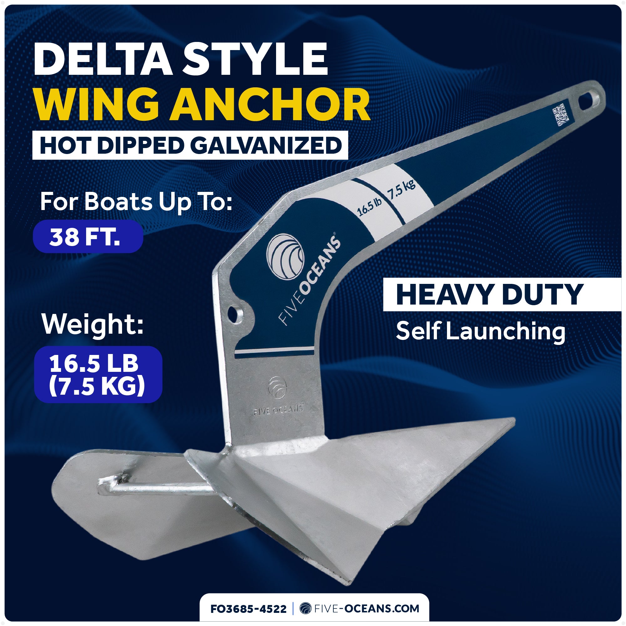16.5 Lb Delta Style Windlass Boat Anchor Kit with 1/2"x150' Rope & 1/4"x15' Chain - FO3685-4522 - Five Oceans