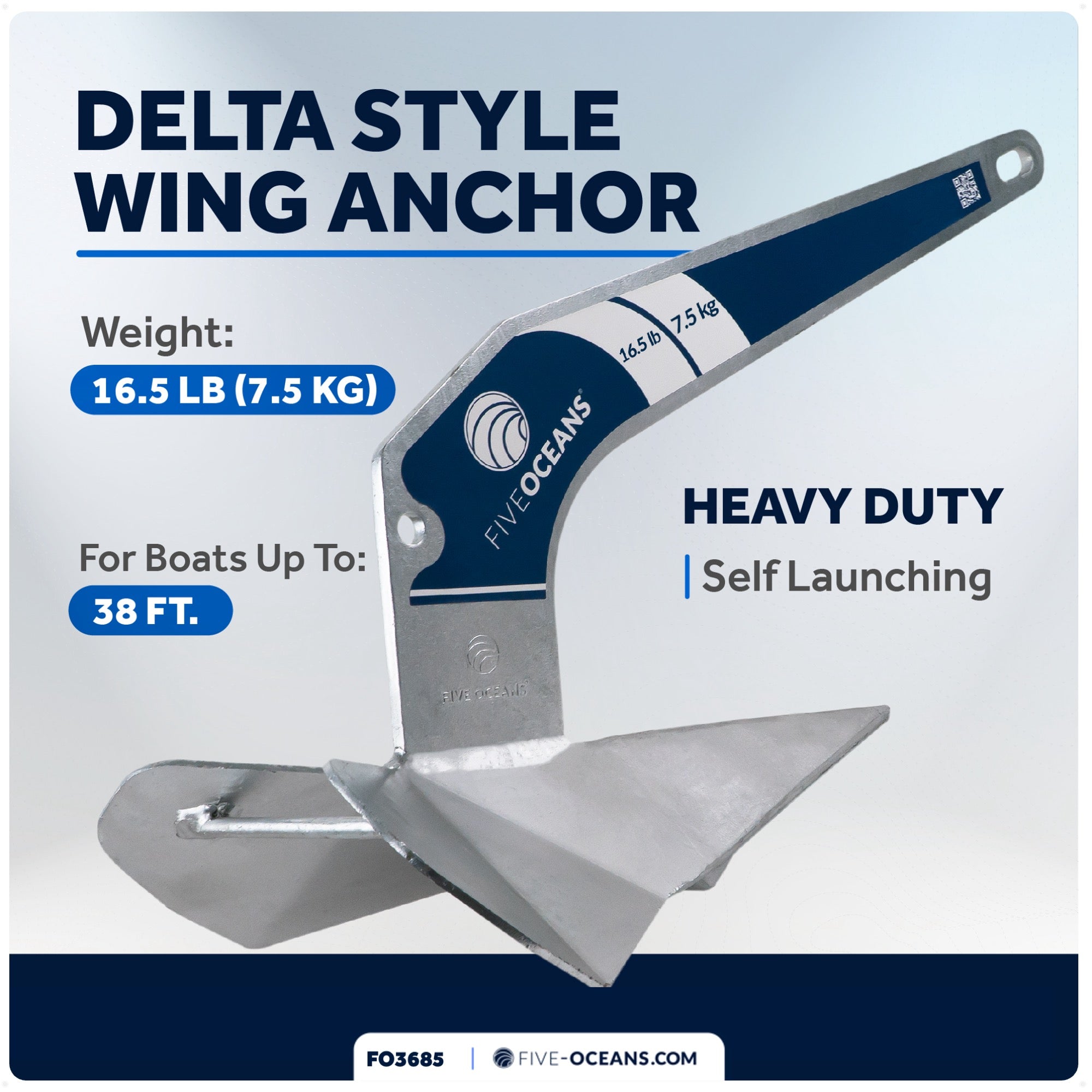 16.5 Lb Delta Style Wing Anchor, Hot Dipped Galvanized Steel - FO3685 - Five Oceans