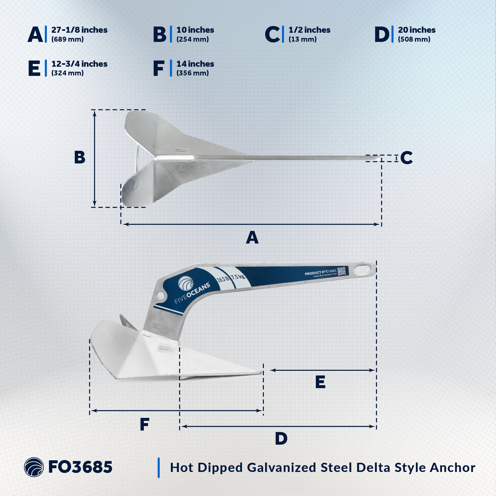 16.5 Lb Delta Style Wing Anchor, Hot Dipped Galvanized Steel - FO3685 - Five Oceans