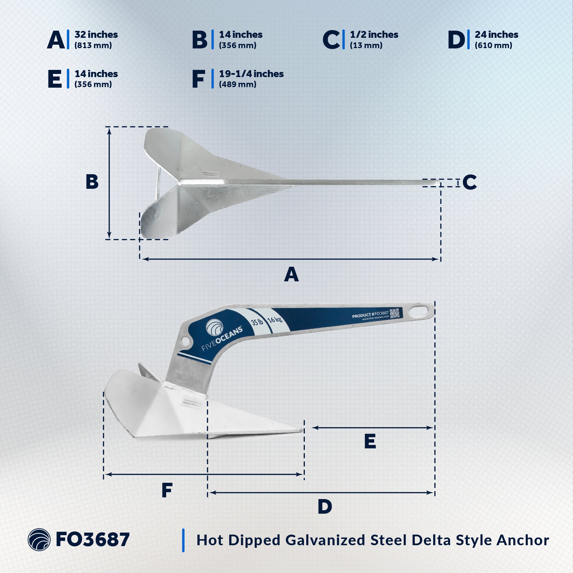 Delta Style Wing Anchor, 35 Lb Hot Dipped Galvanized Steel - FO3687 - Five Oceans